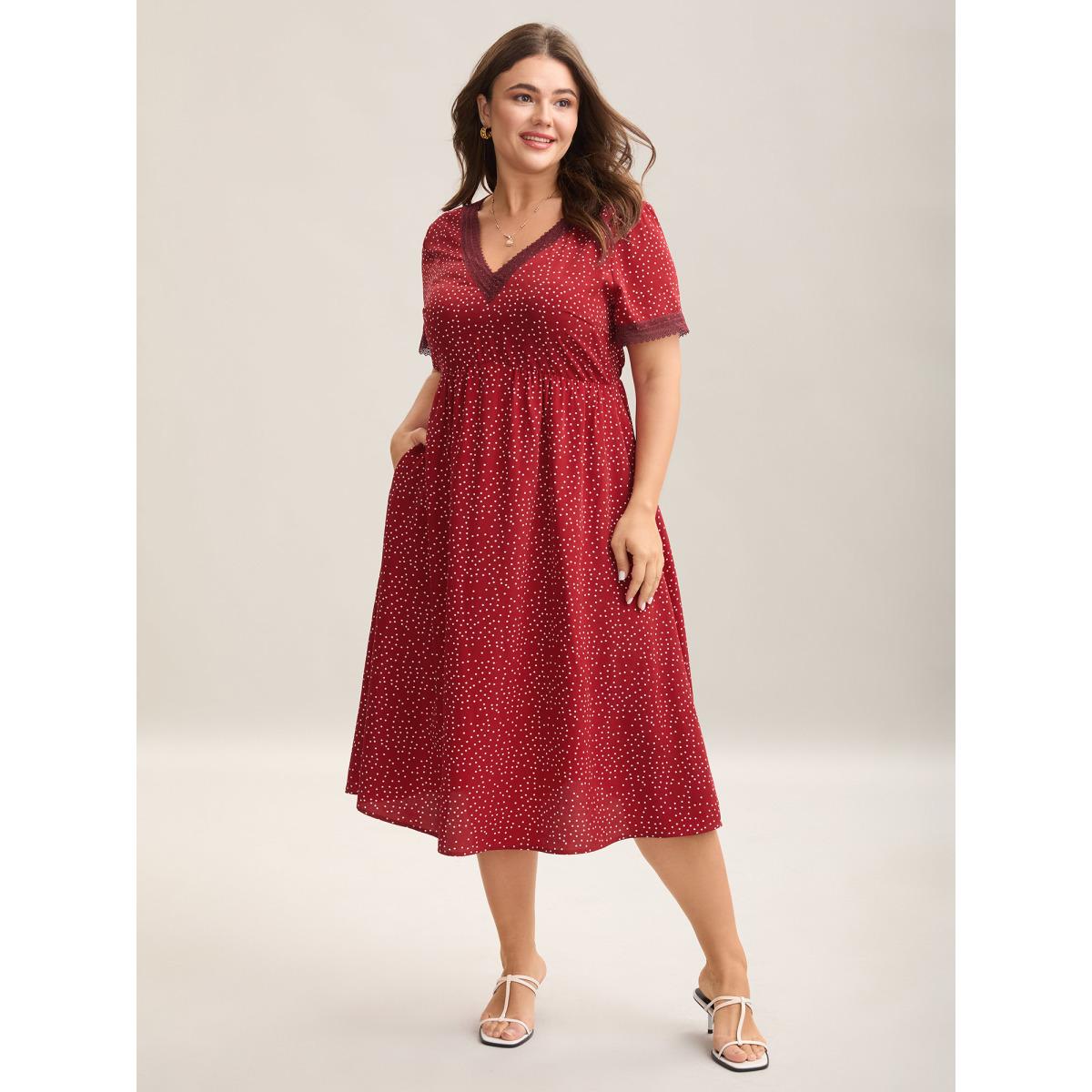Plus Size Polka Dots Lace Waist-Cinched Midi Dress Scarlet Women V-neck Short sleeve Curvy BloomChic 12/L Product Image