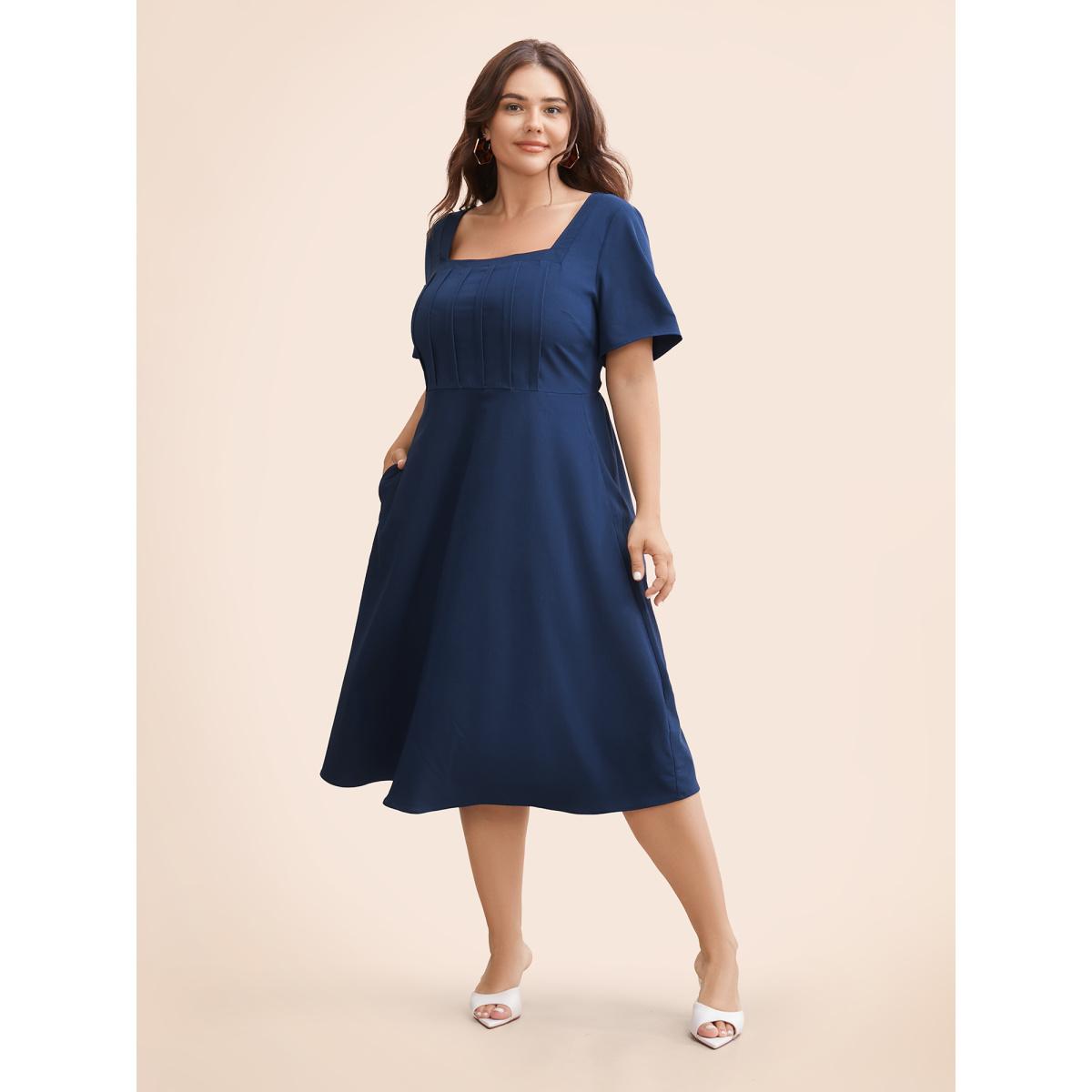 Plus Size Solid Square Neck Pleated Midi Dress Indigo Women Elegant Tucked seam Square Neck Short sleeve Curvy BloomChic 10/M Product Image