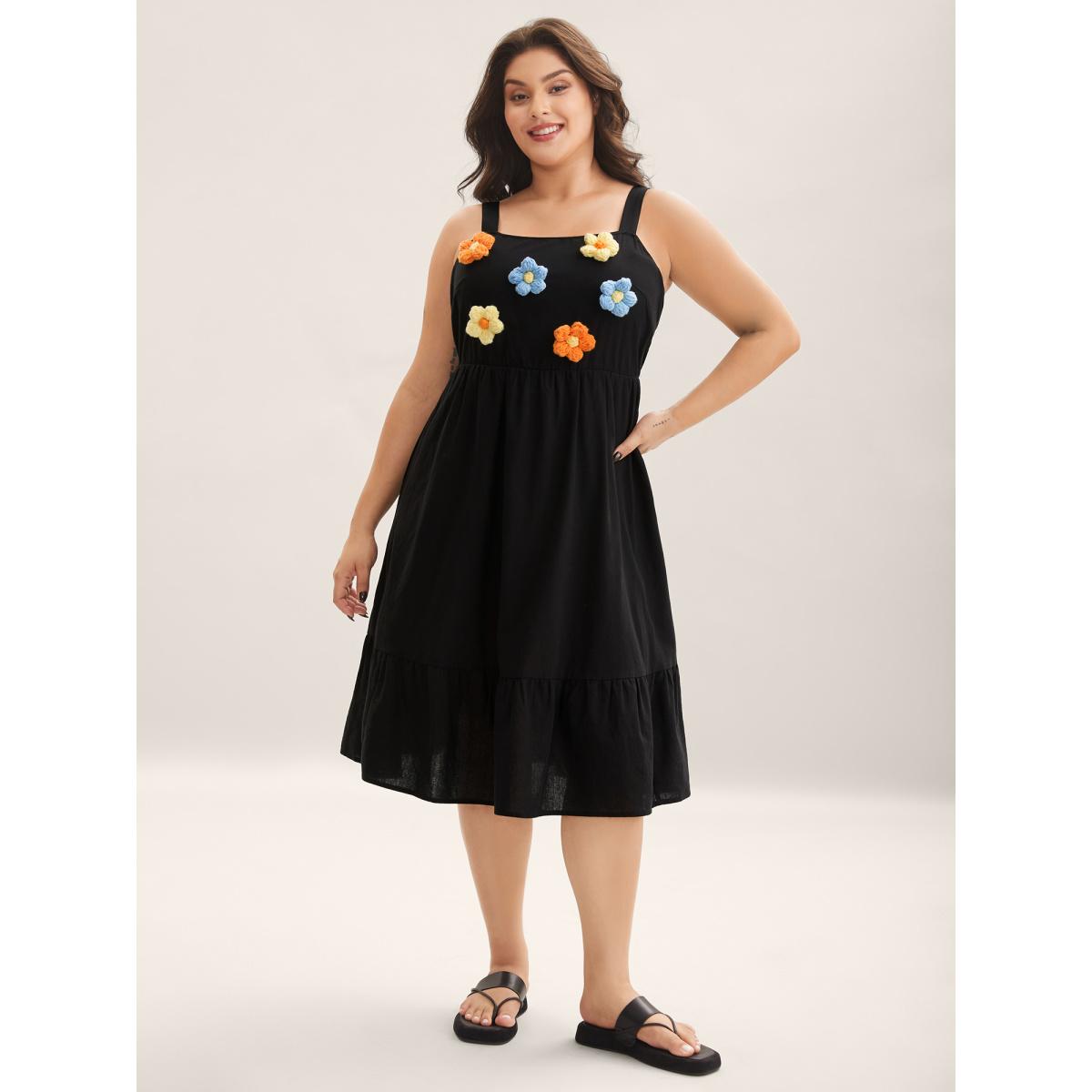 Plus Size Cotton Crochet Floral Stretchy Waist Midi Dress Black Women Non Sleeveless Curvy BloomChic 30/6X Product Image