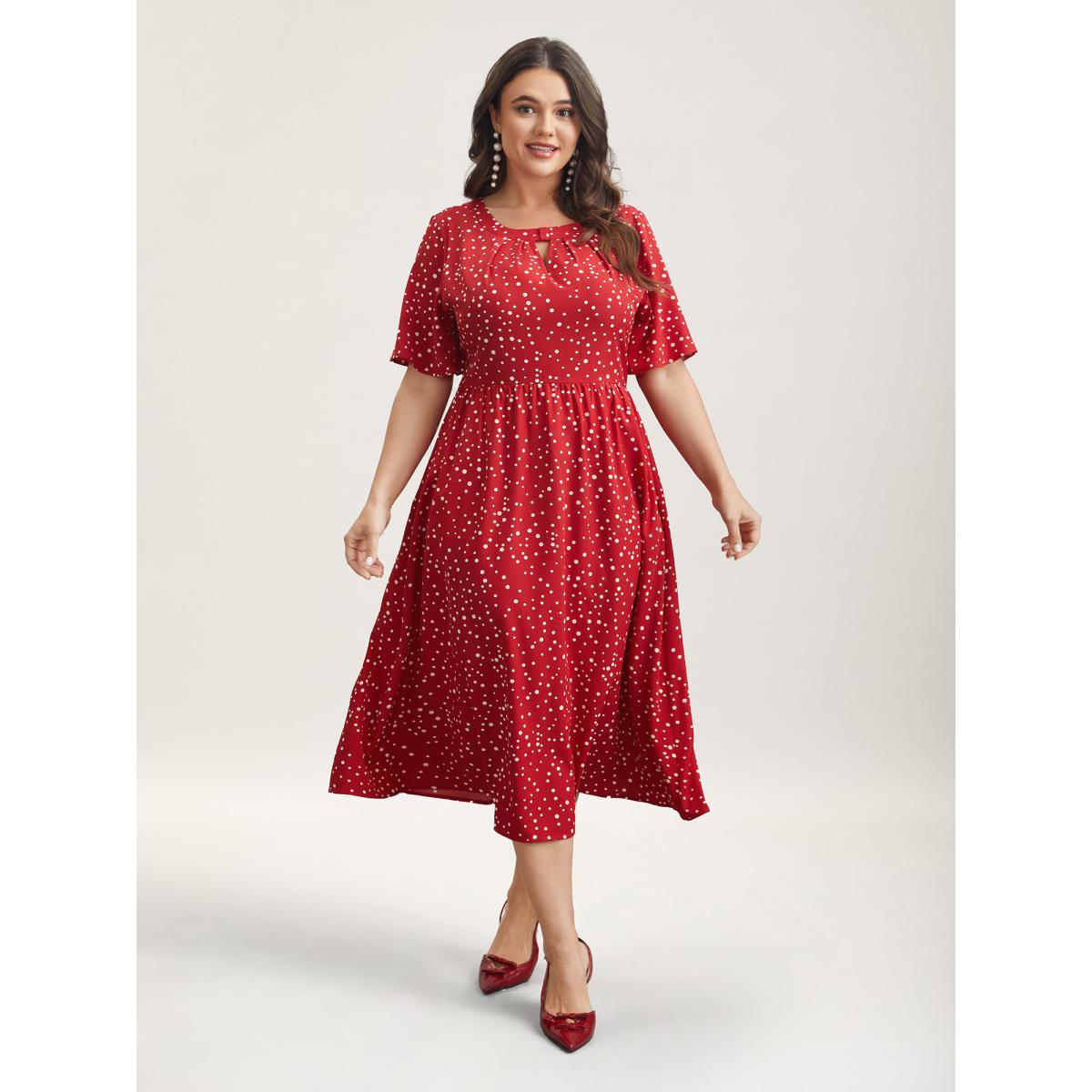 Plus Size Polka Dots Print Cut-Out Flutter Sleeve Midi Dress Scarlet Women Timeless Pleated Round Neck Short sleeve Curvy BloomChic 18-20/2X Product Image