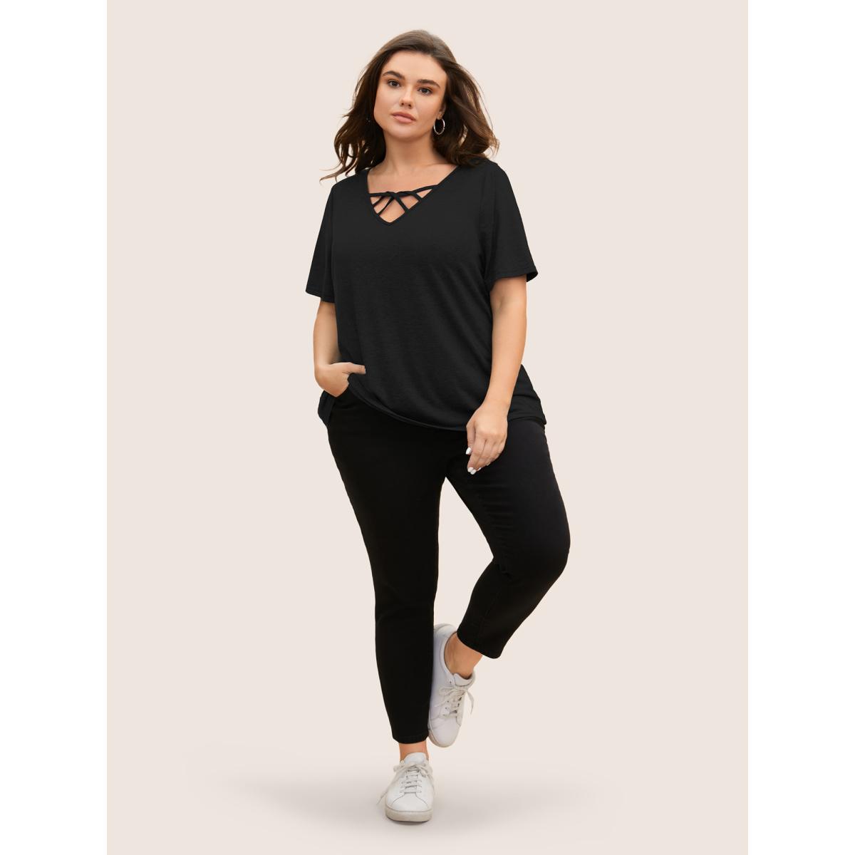 Plus Size Solid Heather Crisscross Medium Stretch T-shirt Black Women Casual Cut-Out V-neck Everyday T-shirts BloomChic 12/L Product Image