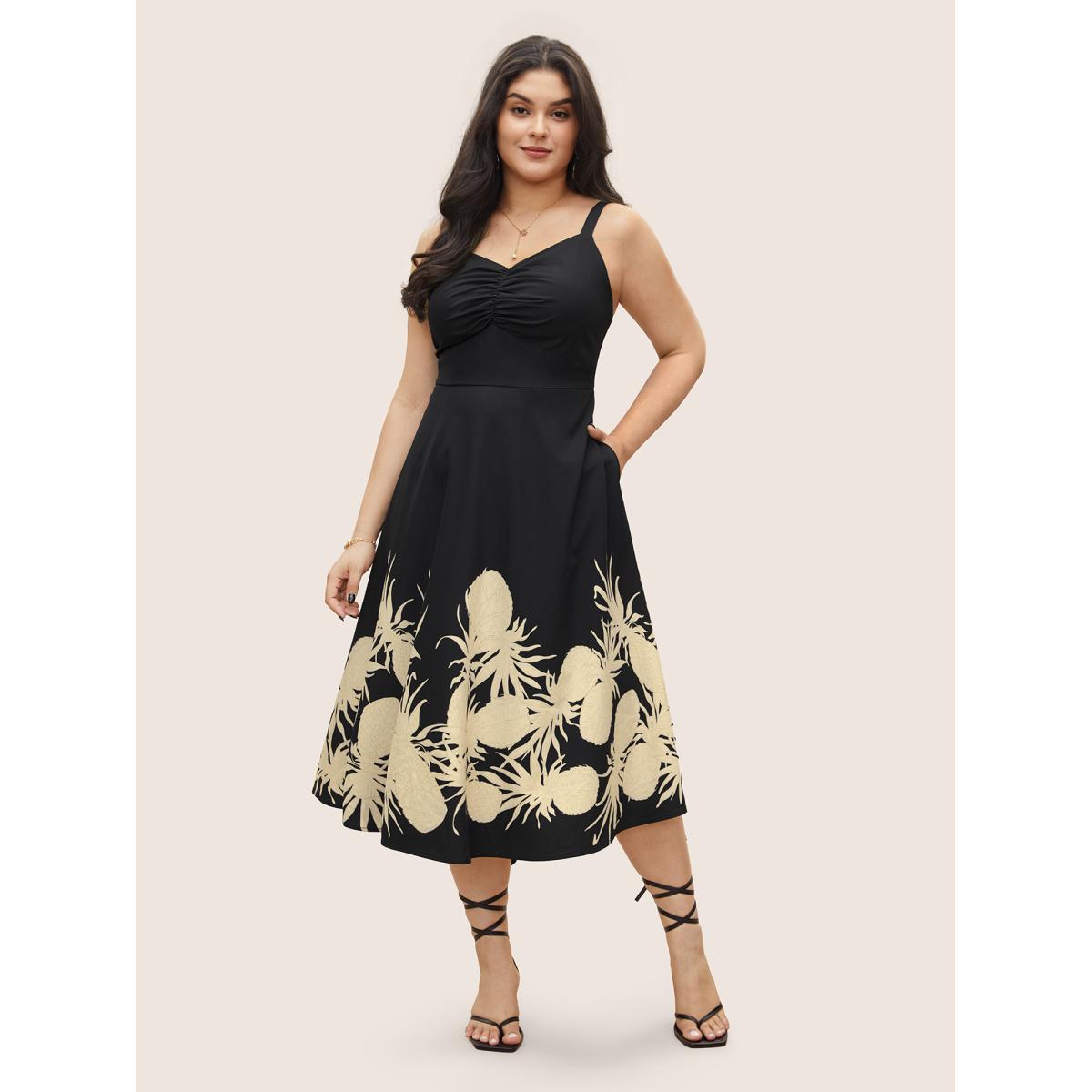 Plus Size Floral Print Ruched Pocket Cami Dress Black Women Resort Non V-neck Sleeveless Curvy Midi Dress BloomChic 18-20/2X Product Image