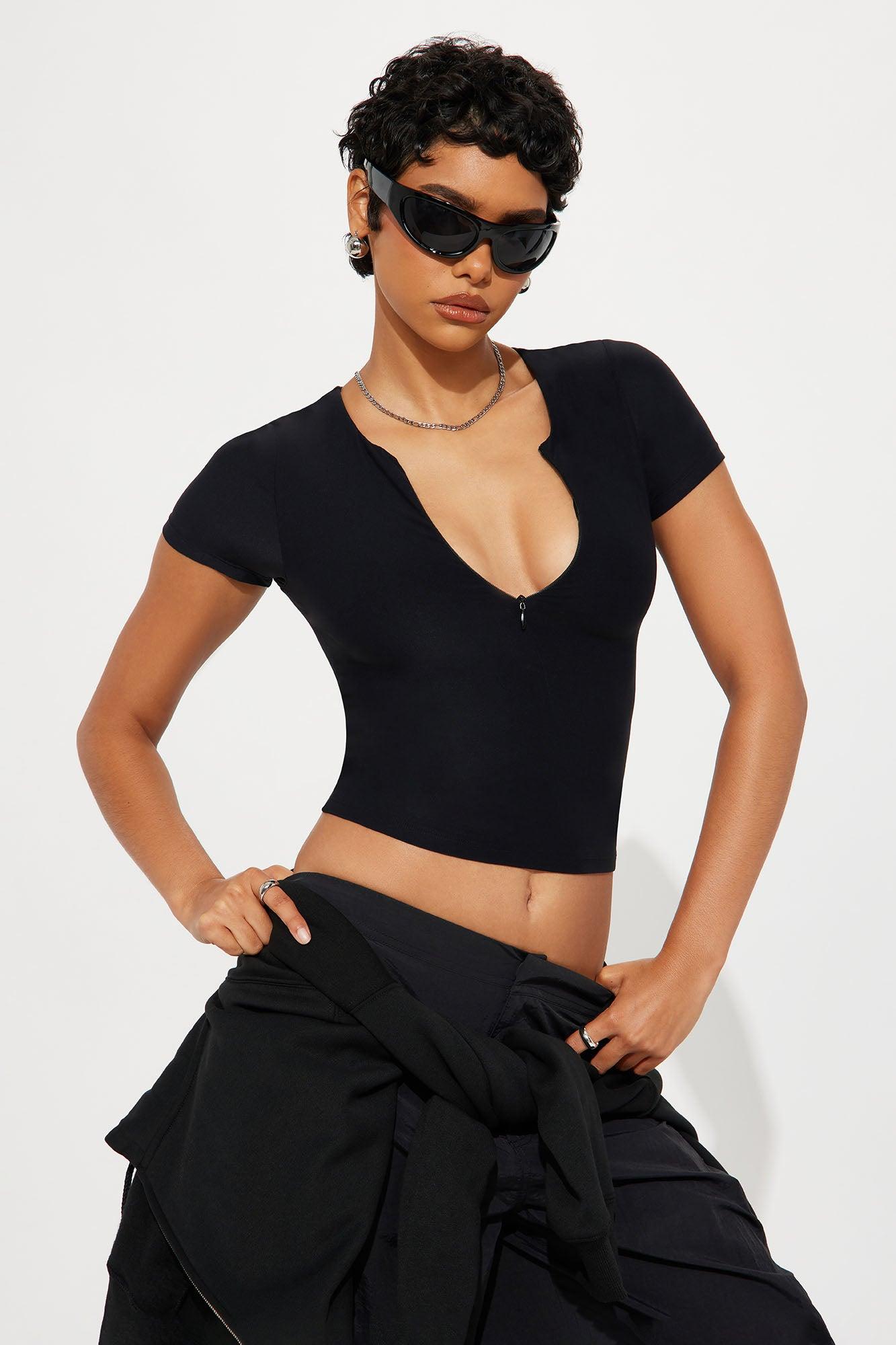 Second Skin Double Lined Zip Front Short Sleeve Top - Black Female Product Image