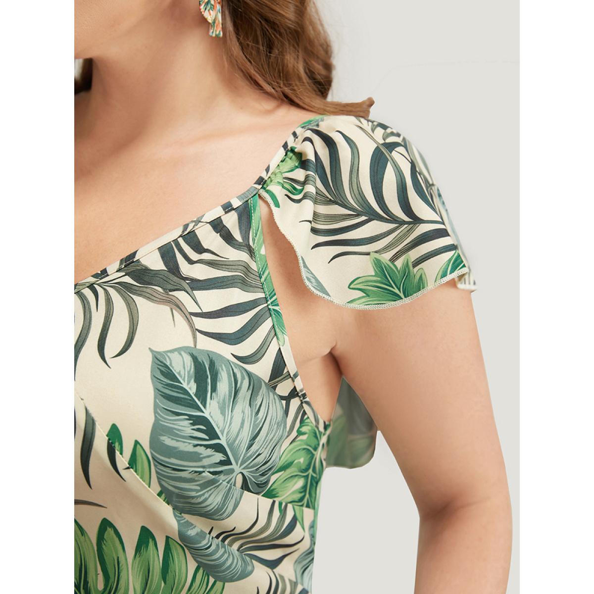 Plus Size Plant Print Cap Sleeve Pocket Ruffle Trim Split Hem Dress Multicolor Women Vacation Slit V-neck Cap Sleeve Curvy Midi Dress BloomChic 14-16/1X Product Image