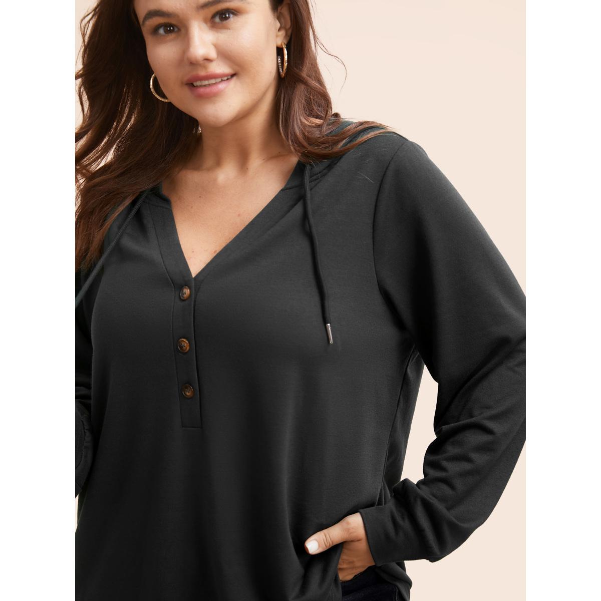 Plus Size Plain Button Up Drawstring Hooded Sweatshirt Women DarkGreen Casual Elastic cuffs Hooded Dailywear Sweatshirts BloomChic 18-20/2X Product Image