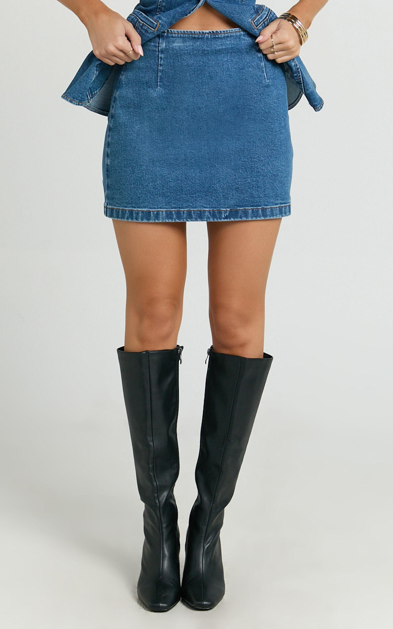 Paige Mini Skirt - High Waisted Denim Skirt in Authentic Dark Blue Wash Product Image