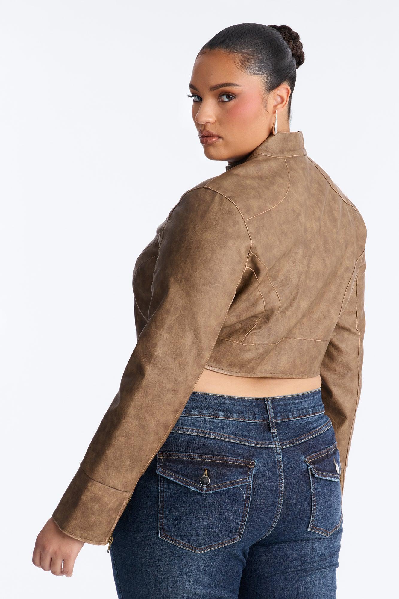 Run The Streets Fitted Washed Faux Leather Moto Jacket - Brown Female Product Image