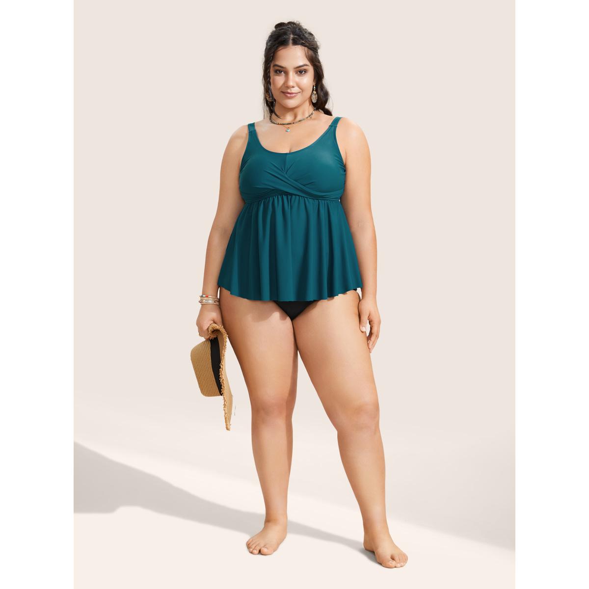 Plus Size U Neck Plain Crossover Gathered Swim Top Women's Swimwear Cyan Beach Twist High stretch Bodycon U-neck Curve Swim Tops BloomChic 30/6X Product Image