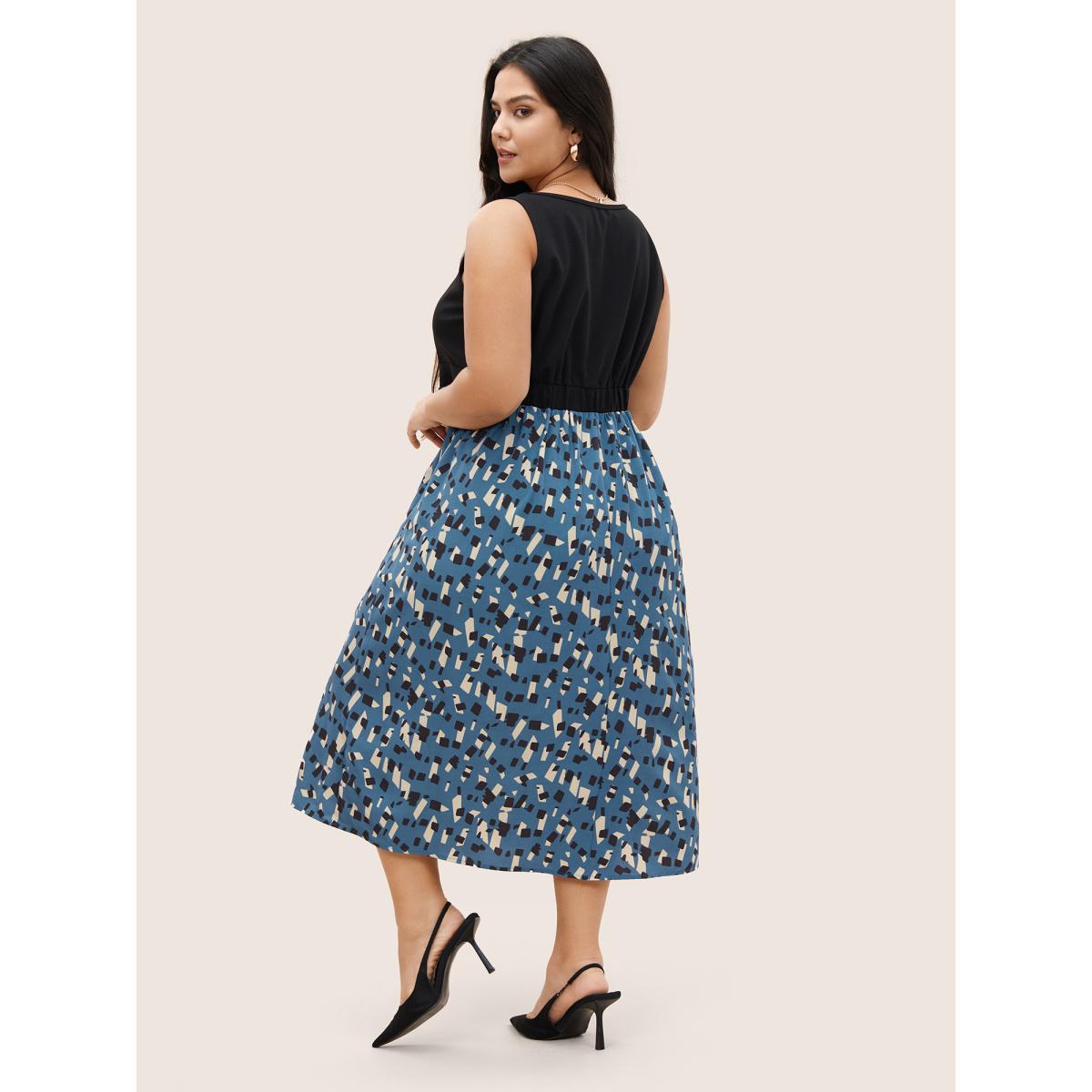 Plus Size Geometric Patchwork Square Neck Pocket Dress Blue Women At the Office Patchwork Square Neck Sleeveless Curvy Midi Dress BloomChic 26/4X Product Image