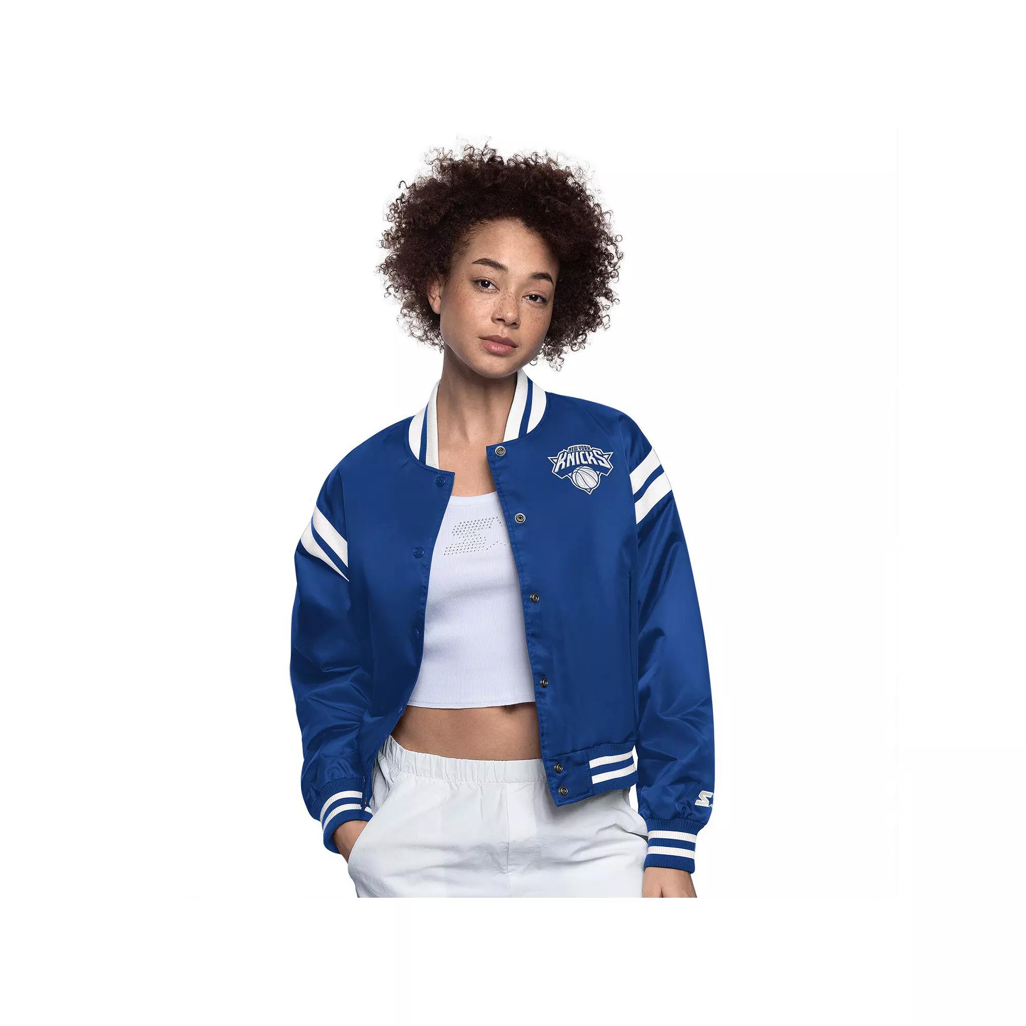 Women's Starter Blue/White New York Knicks Full Count Satin Full-Snap Varsity Jacket,  Product Image