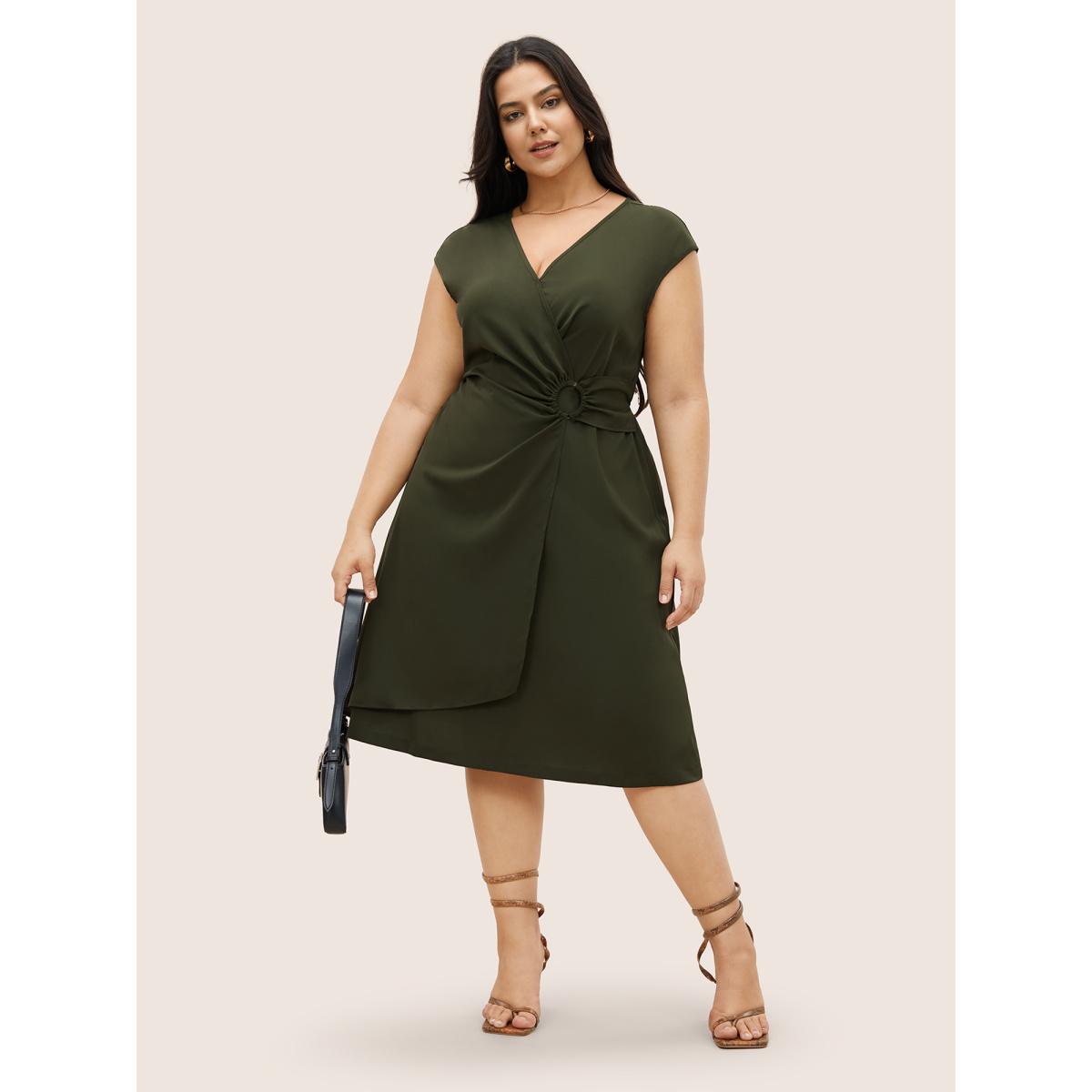 Plus Size Plain Buckle Detail Overlap Collar Cap Sleeve Dress ArmyGreen Women At the Office Overlapping Overlap Collar Cap Sleeve Curvy Midi Dress BloomChic 14-16/1X Product Image