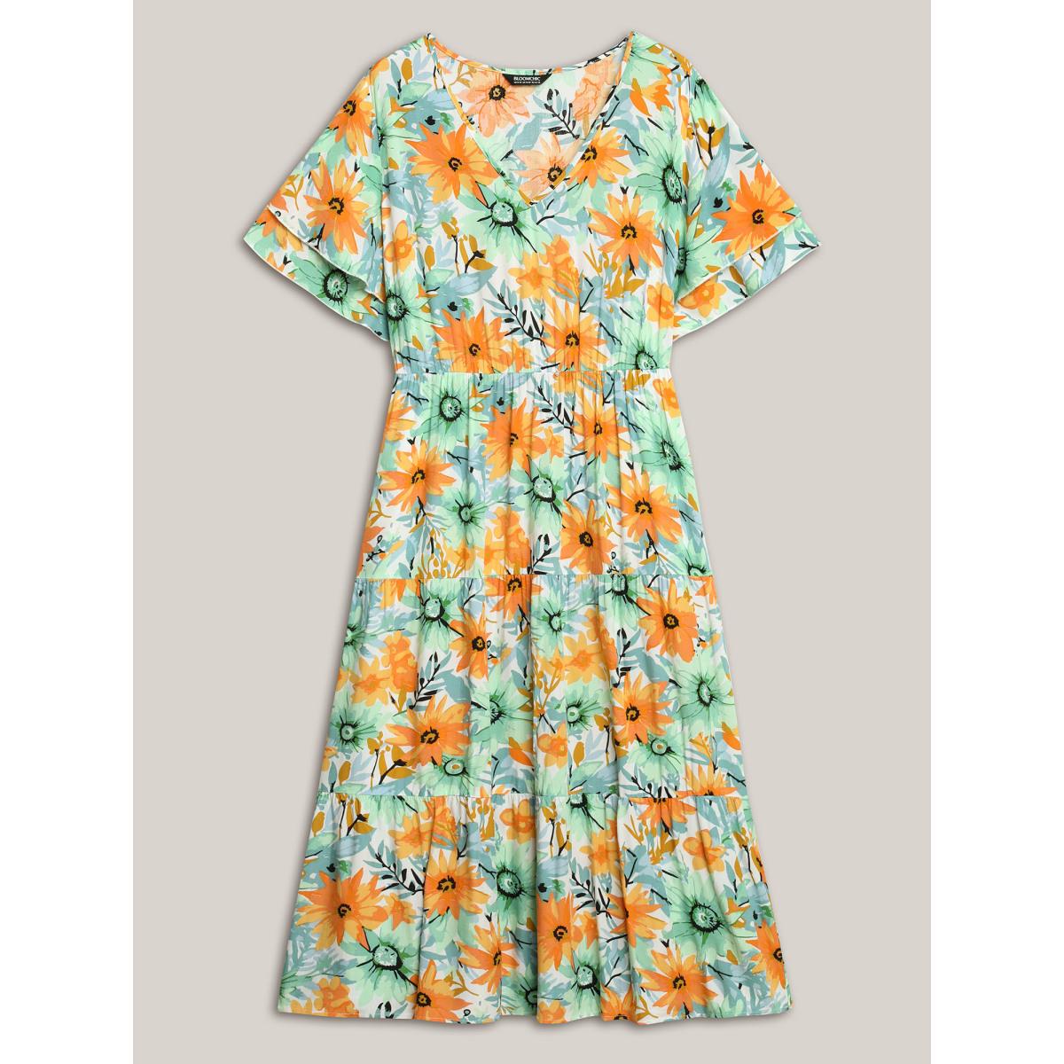 Plus Size Floral Print Rayon Pockets Tiered Midi Dress Beige Women V-neck Short sleeve Curvy BloomChic 10/M Product Image