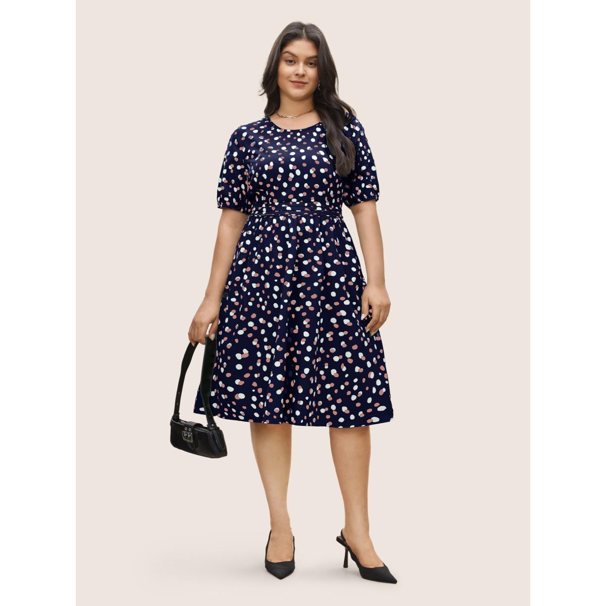 Plus Size Allover Print Pleated Lantern Sleeve Dress Indigo Women Elegant Non Round Neck Short sleeve Curvy Midi Dress BloomChic 28/5X Product Image
