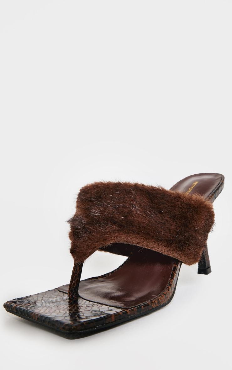 Brown Pu Square Toe Thong Faux Fur Heeled Mules Product Image