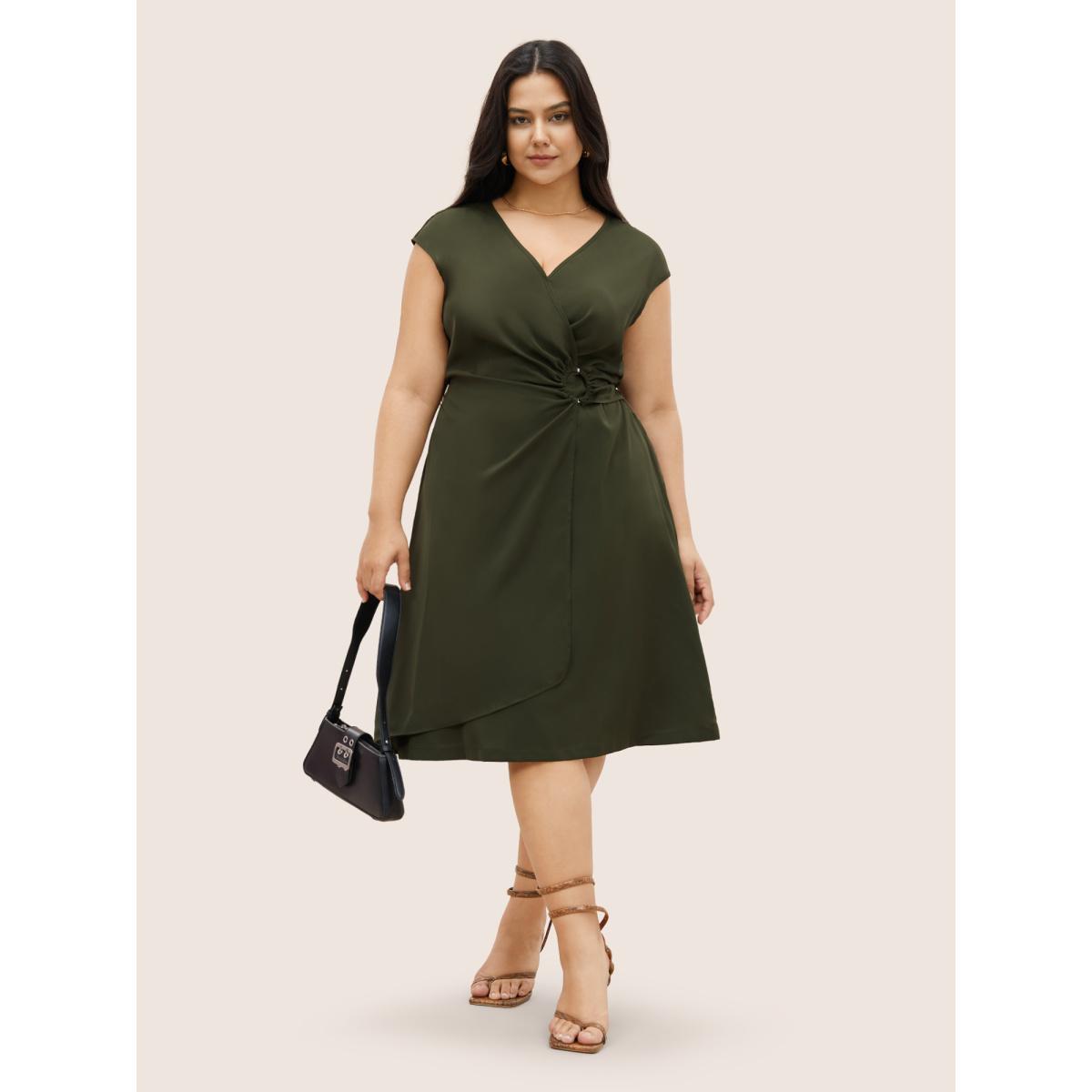 Plus Size Plain Buckle Detail Overlap Collar Cap Sleeve Dress ArmyGreen Women At the Office Overlapping Overlap Collar Cap Sleeve Curvy Midi Dress BloomChic 14-16/1X Product Image
