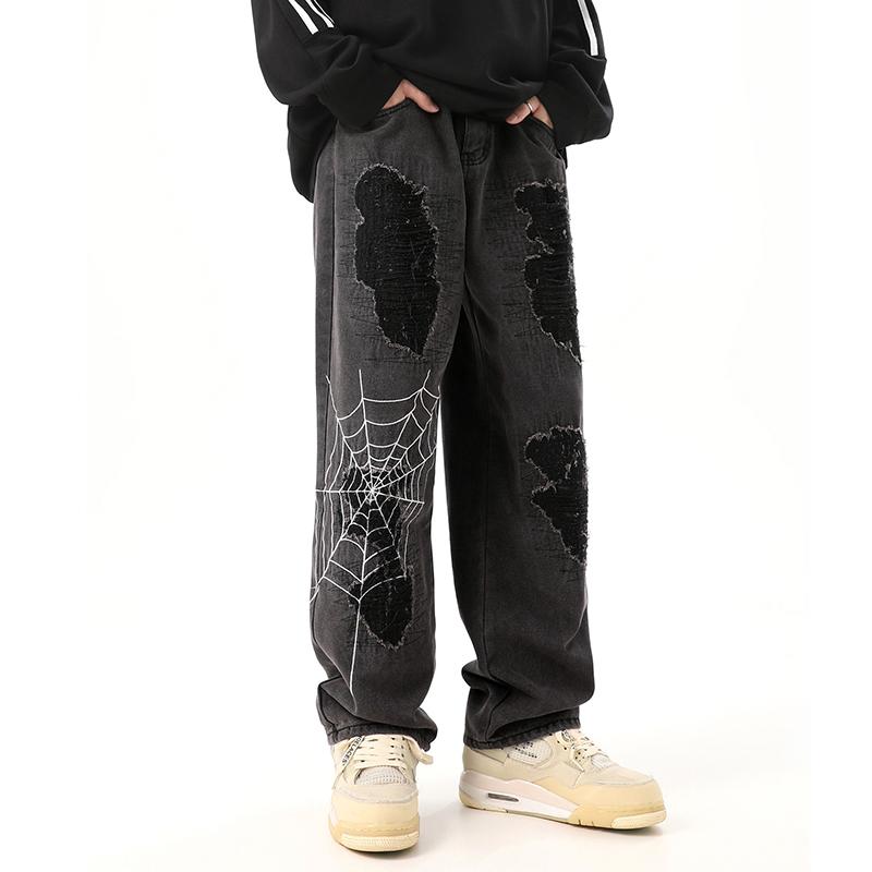 Sopula Vintage Street Spider Web Embroidery Ripped Patch Jeans Product Image