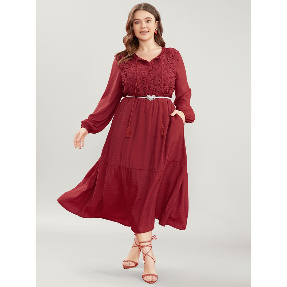 Plus Size Solid Lace Button Up Tie Neck Lantern Sleeve Pocket Flutter Dress Burgundy Women Elegant Patchwork Round Neck Long Sleeve Curvy Midi Dress BloomChic 28/5X Product Image