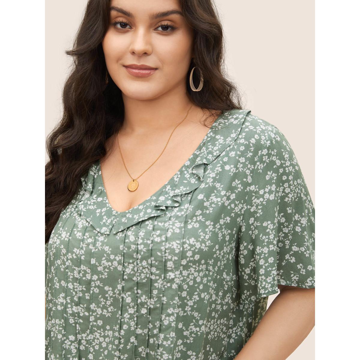 Plus Size Sage Rayon Ditsy Floral Pleated Patchwork Ruffles Blouse Women Elegant Short sleeve V-neck Everyday Blouses BloomChic 12/L Product Image