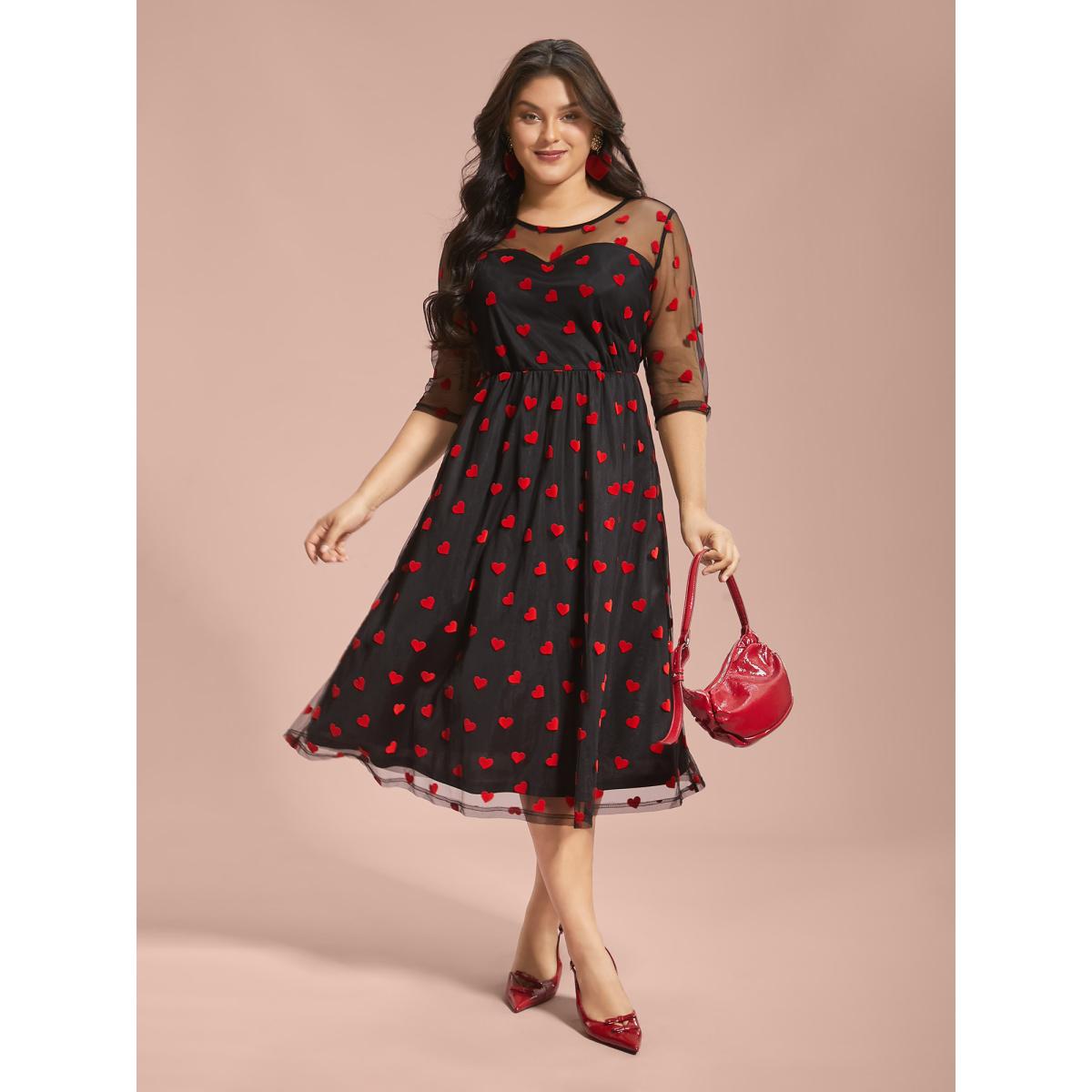 Plus Size Flocking Heart Mesh Patchwork Midi Dress Black Women Cocktail Texture Party Curvy Bloomchic 12/L Product Image