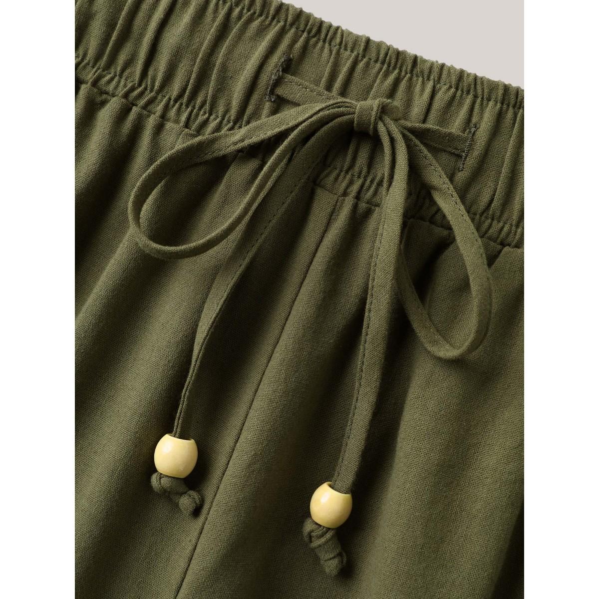 Plus Size Drawstring Lace Detail Wide-Leg Pants Women ArmyGreen Boho Wide Leg Mid Rise Vacation Pants BloomChic 12/L Product Image