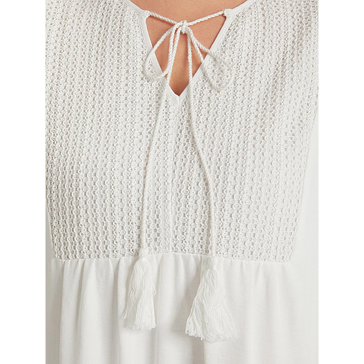 Plus Size Solid Pocket Ties Tassels Bell Sleeve Dress White Women Vacation Texture V-neck Elbow-length sleeve Curvy Midi Dress BloomChic 26/4X Product Image
