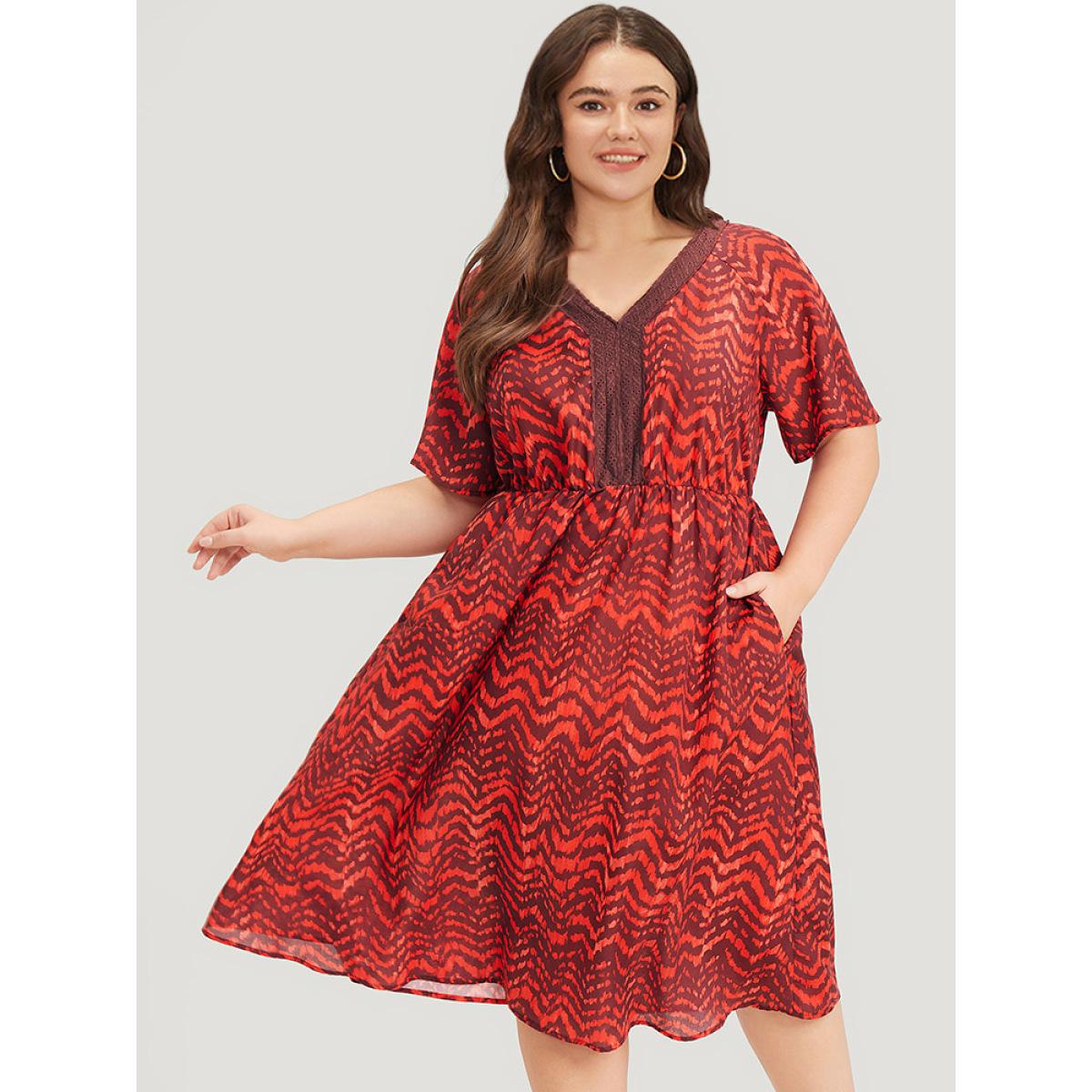 Plus Size Water Ripple Pocket Ruffle Sleeve Lace Dress Scarlet Women Elegant Gathered V-neck Short sleeve Curvy Midi Dress BloomChic 12/L Product Image