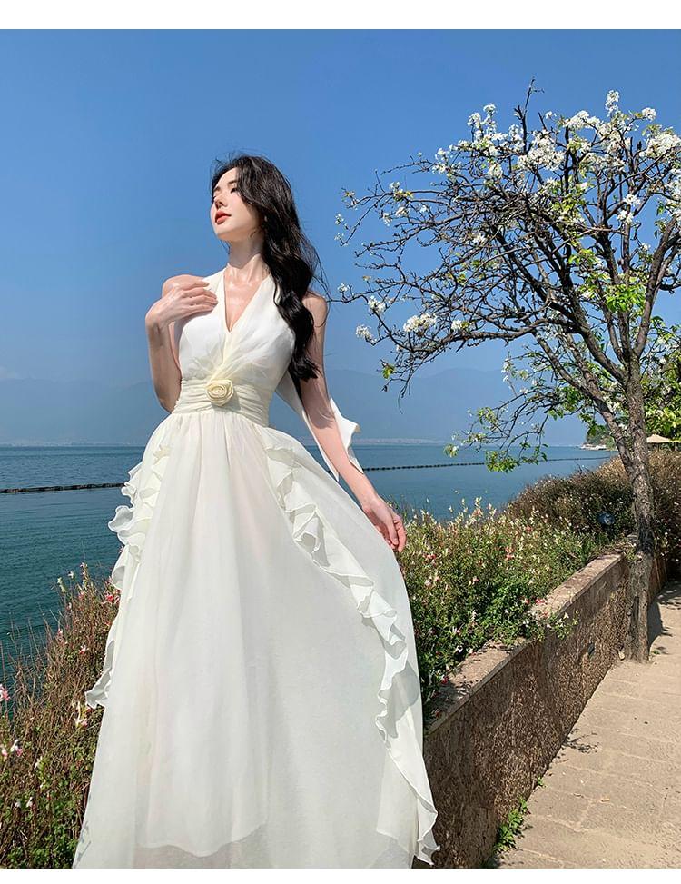 Halter-Neck Plain Ruffled Floral Midi A-Line Dress Product Image