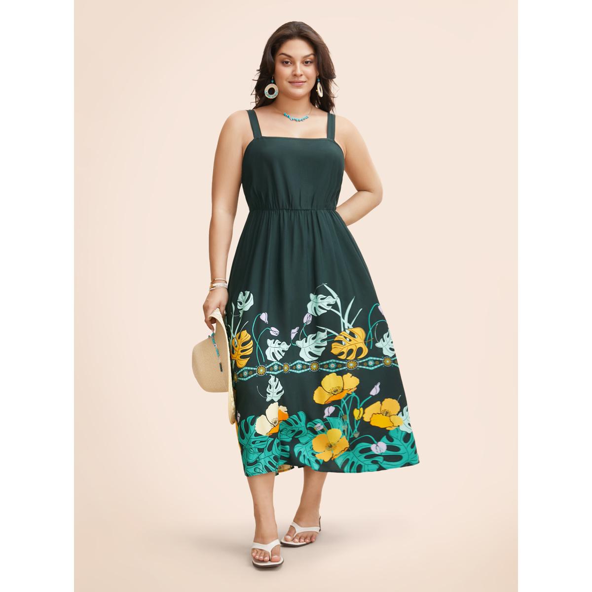 Plus Size Boho Print Elastic Waist Cami Dress Cyan Women Resort Gathered Non Sleeveless Curvy BloomChic 10/M Product Image