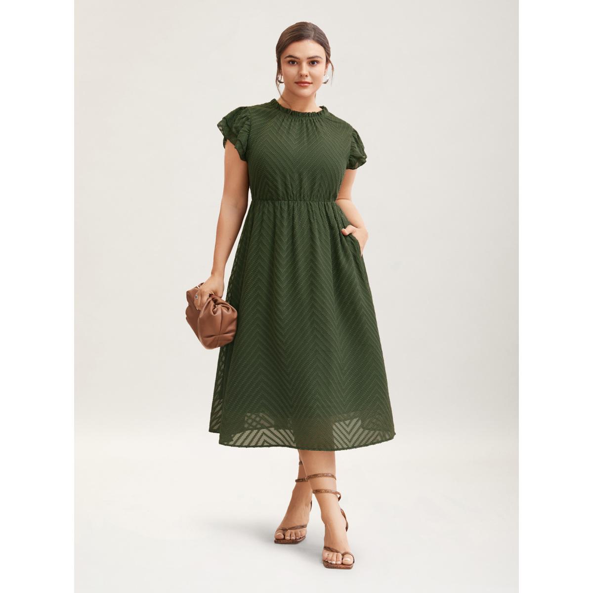Plus Size Plain Geometric Layered Sleeve Pocket Ruffle Mock Neck Dress ArmyGreen Women Office See through Round Neck Cap Sleeve Curvy Midi Dress BloomChic 10/M Product Image