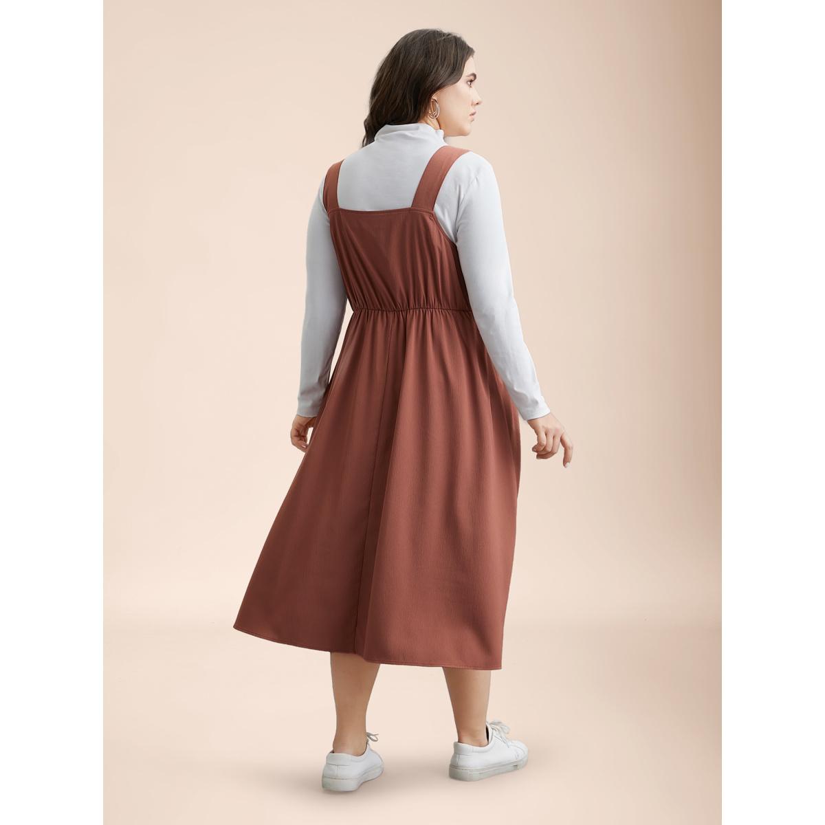 Plus Size Overall Straps Stretchy-Waist Pockets Midi Dress Rust Women Casual Texture Non Sleeveless Curvy BloomChic 10/M Product Image