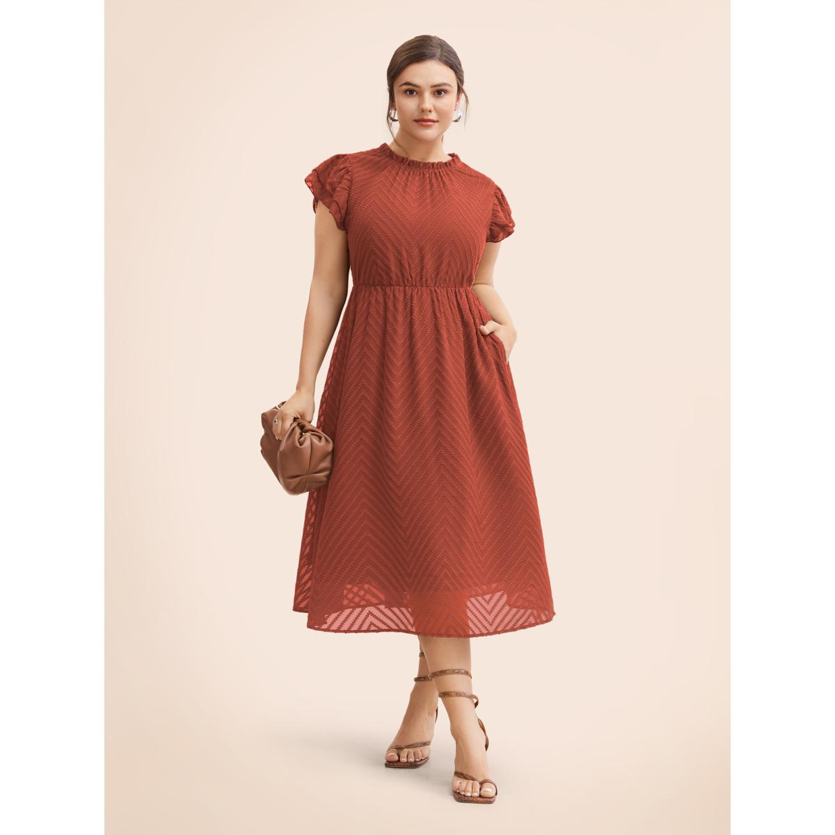 Plus Size Plain Geometric Layered Sleeve Pocket Ruffle Mock Neck Dress Russet Women Office See through Round Neck Cap Sleeve Curvy Midi Dress BloomChic 18-20/2X Product Image