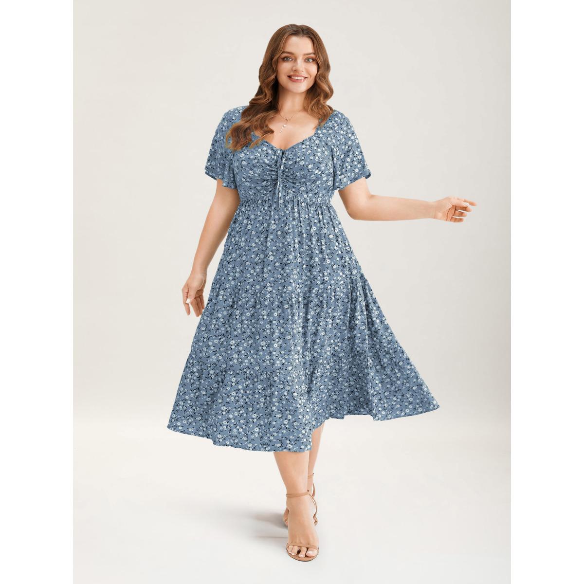 Plus Size Ditsy Floral Sweetheart Drawstring Pocket Tiered Dress Aegean Women Timeless Non V-neck Short sleeve Curvy Midi Dress BloomChic 26/4X Product Image