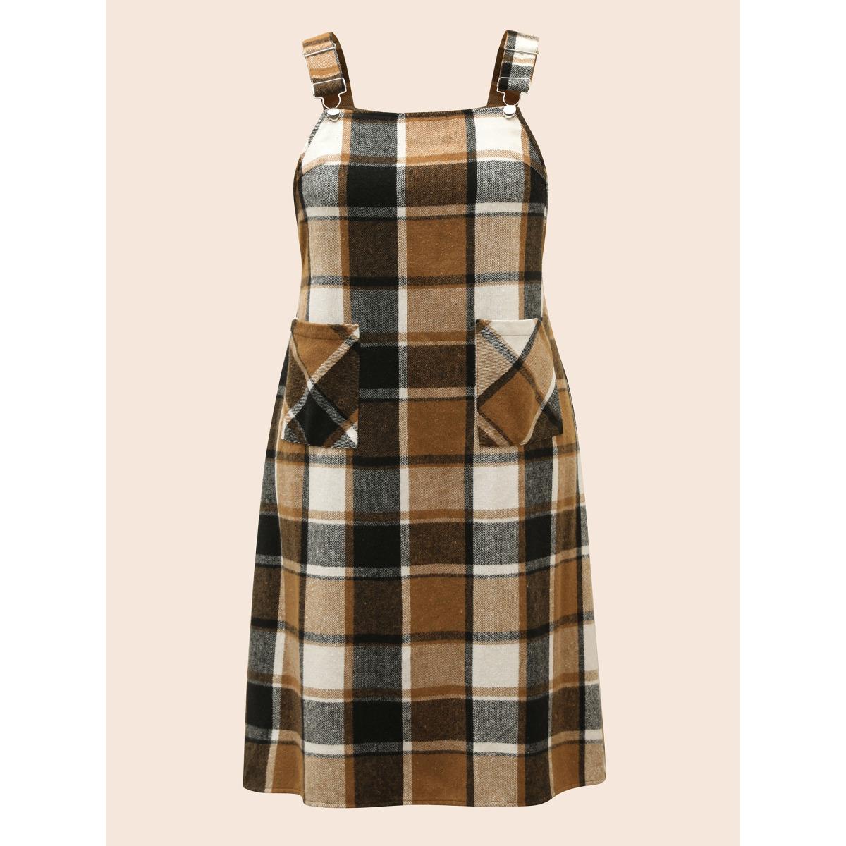 Plus Size Plaid Patch Pocket Overall Dress LightBrown Women Casual Non Non Sleeveless Curvy BloomChic 30/6X Product Image