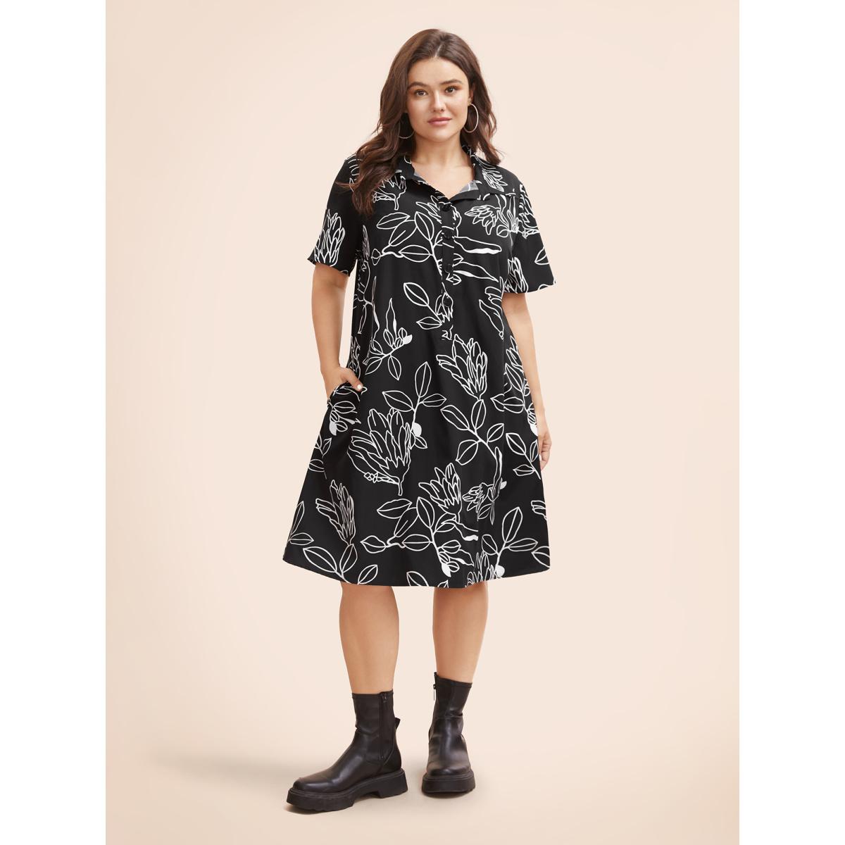 Plus Size Floral Shirt Collar Button Up Dress Black Women Elegant Button Shirt collar Short sleeve Curvy BloomChic 30/6X Product Image