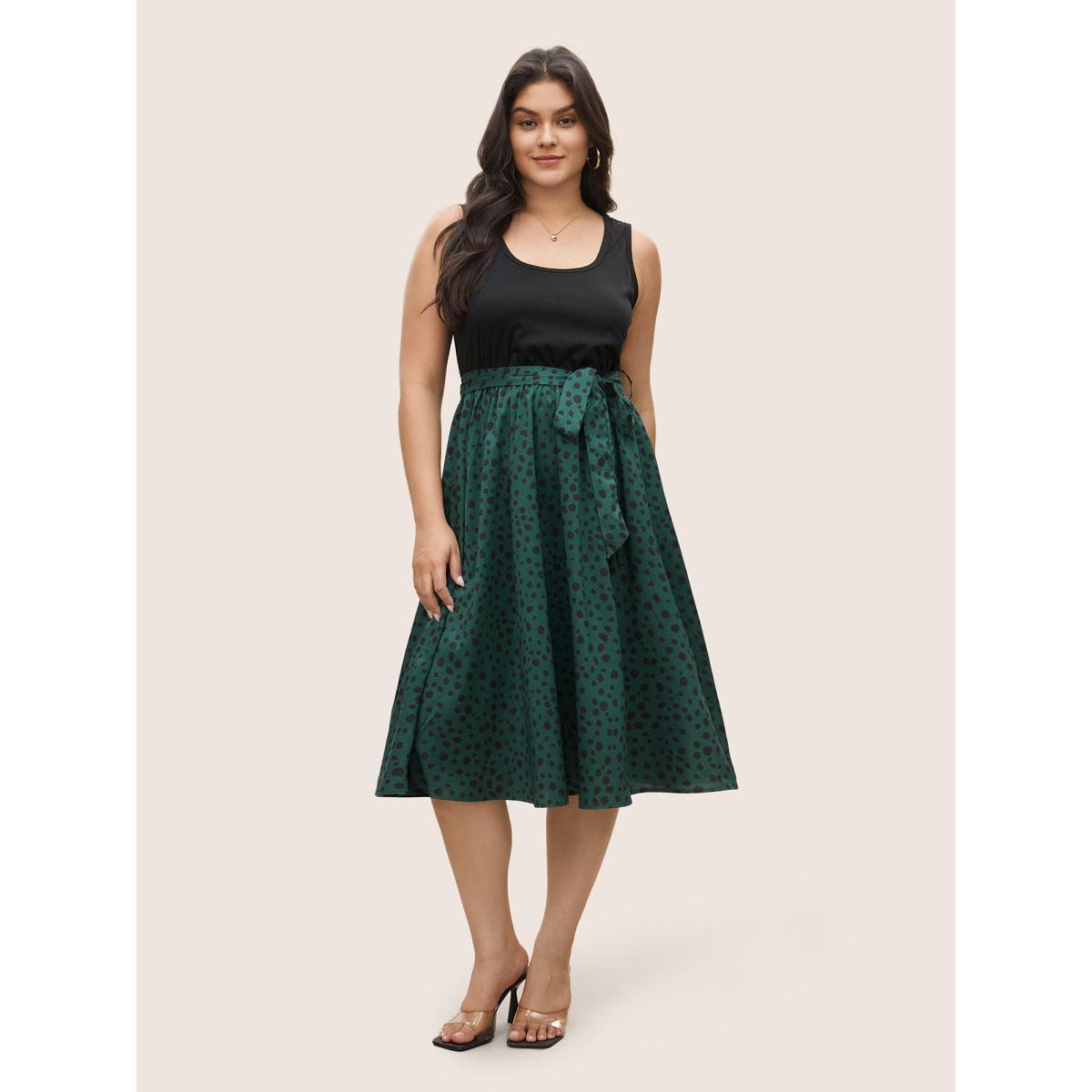 Plus Size Scoop Neck Leopard Patchwork Belted Dress Cyan Women Casual Non Sleeveless Curvy Midi Dress BloomChic 18-20/2X Product Image