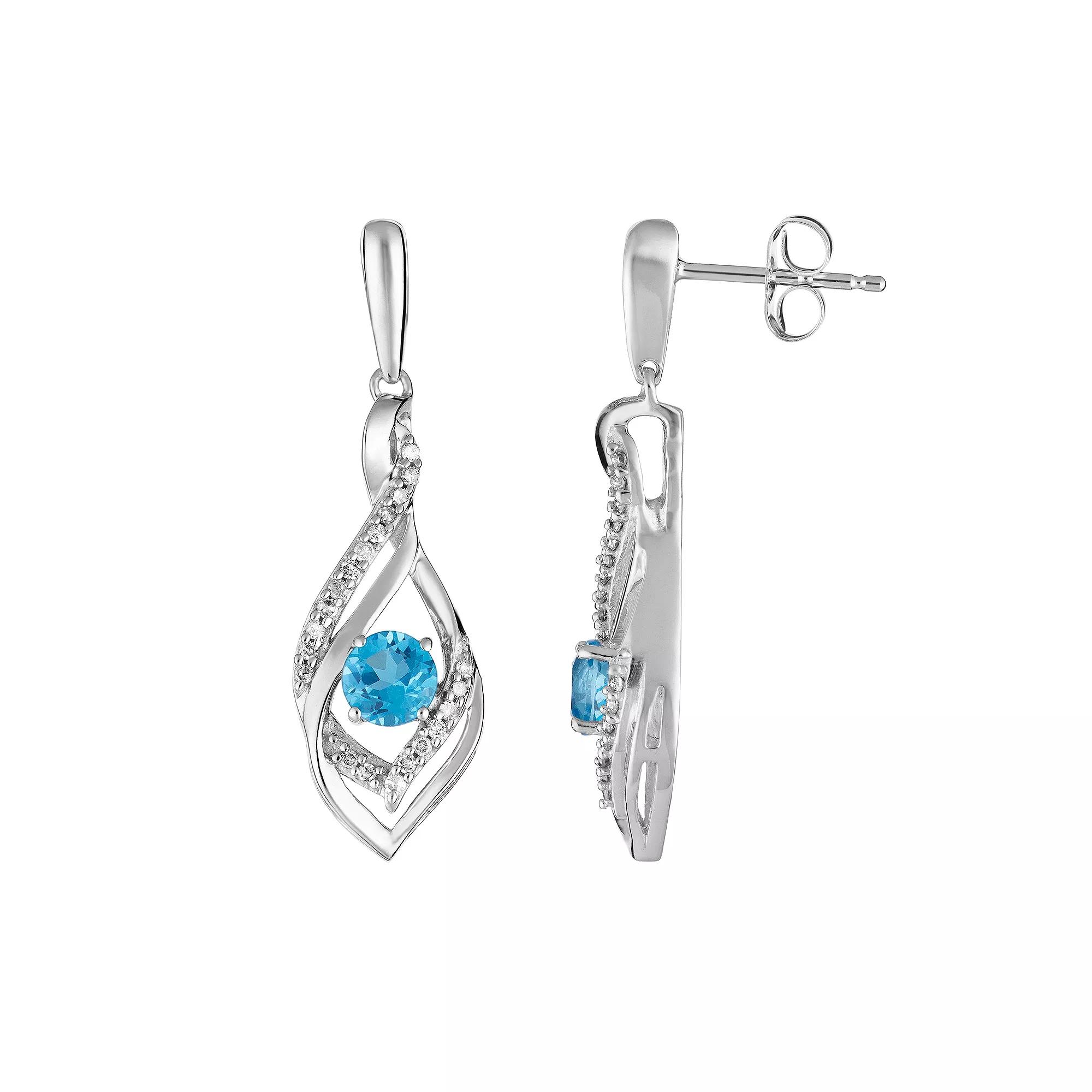 10k White Gold Swiss Blue Topaz & 1/8 Carat T.W. Diamond Drop Earrings, Women's, 10k Whgold Product Image
