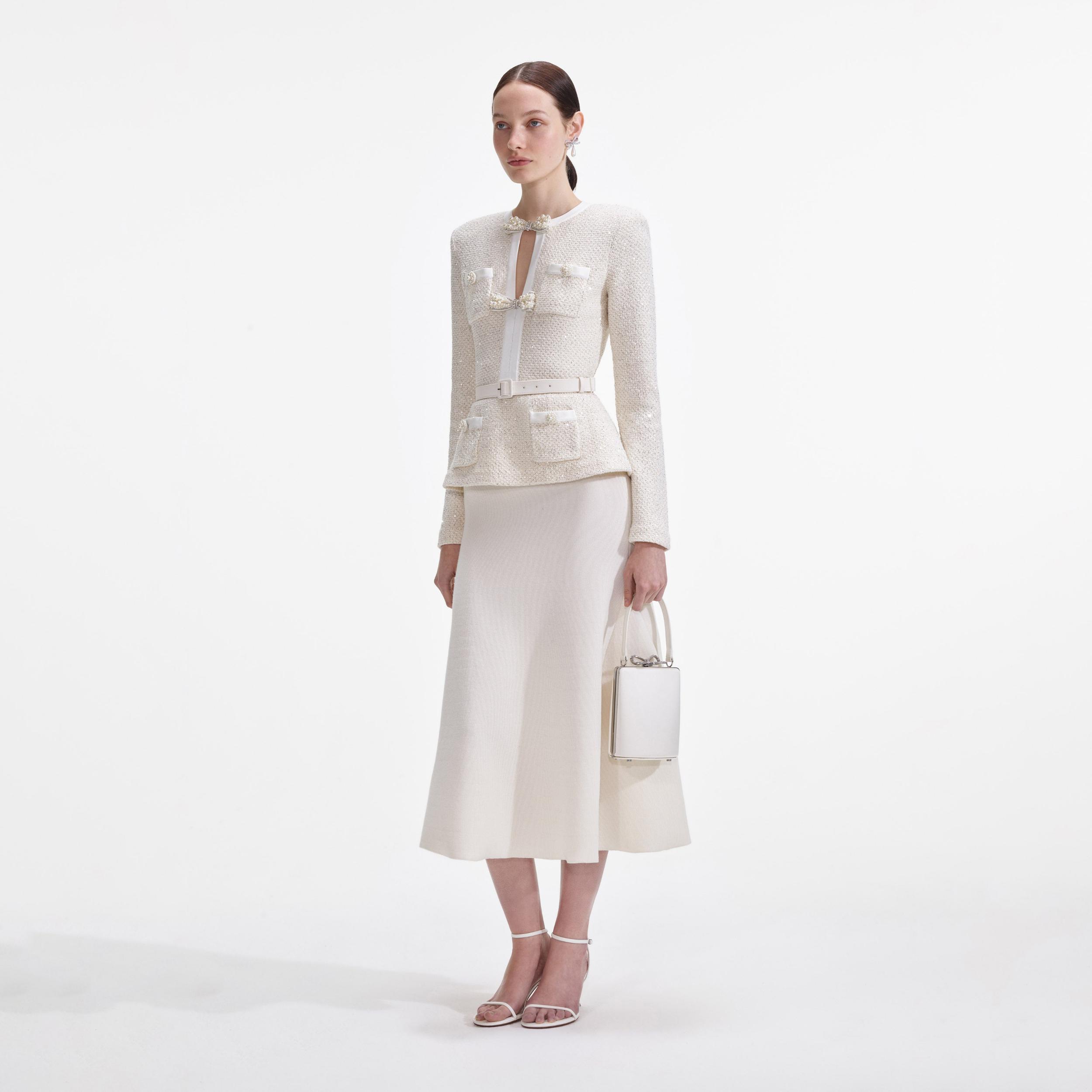 Cream Sequin Knit Tailored Midi Dress Product Image