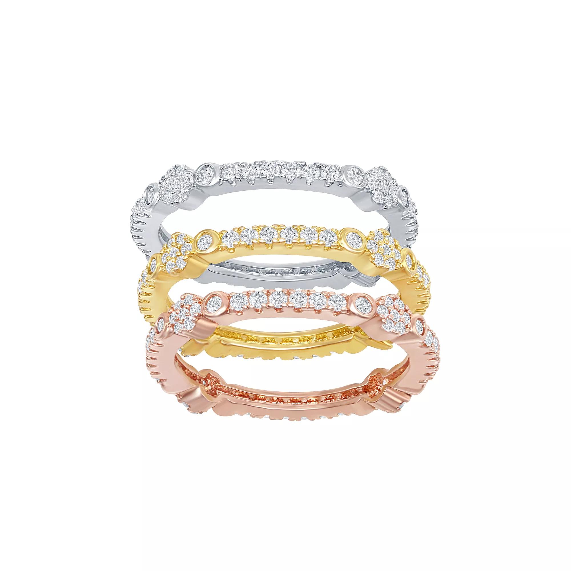 Tri-Tone Sterling Silver Cubic Zirconia Eternity Ring Set, Womens Product Image