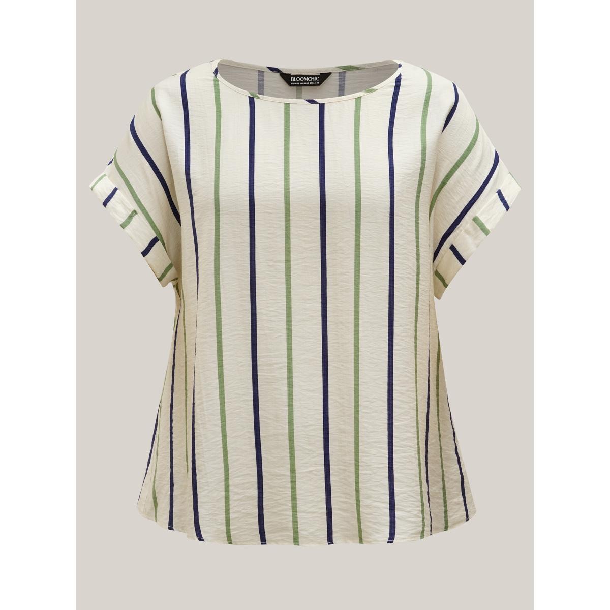 Plus Size Colorful Stripes Flowy Loungewear Set Women Multicolor Roll Hem Short sleeve Boat Neck Leisure Loungewear Sets BloomChic 28/5X Product Image