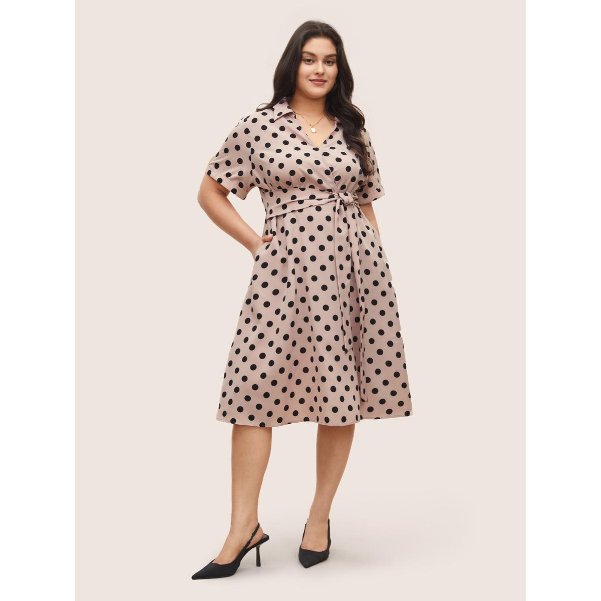 Plus Size Polka Dot Elastic Waist Ties Pocket Dress Pink Women At the Office Non Lapel Collar Short sleeve Curvy Midi Dress BloomChic 30/6X Product Image