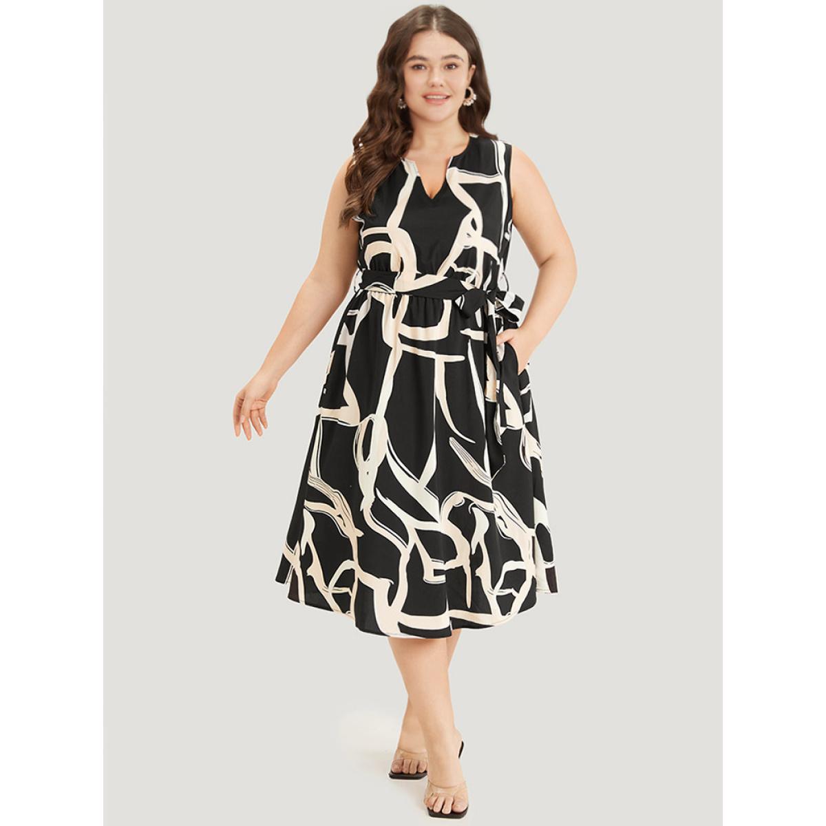 Plus Size Geometric Print Pocket Notched Belted Tank Dress Black Women Office Gathered Notched collar Sleeveless Curvy Midi Dress BloomChic 26/4X Product Image