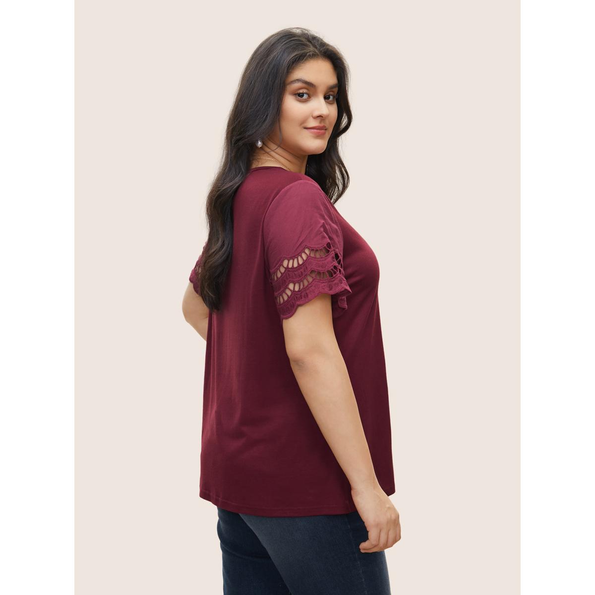 Plus Size Patchwork Broderie Anglaise Scalloped Trim T-shirt Burgundy Women Elegant Non Plain Round Neck Everyday T-shirts BloomChic 22-24/3X Product Image
