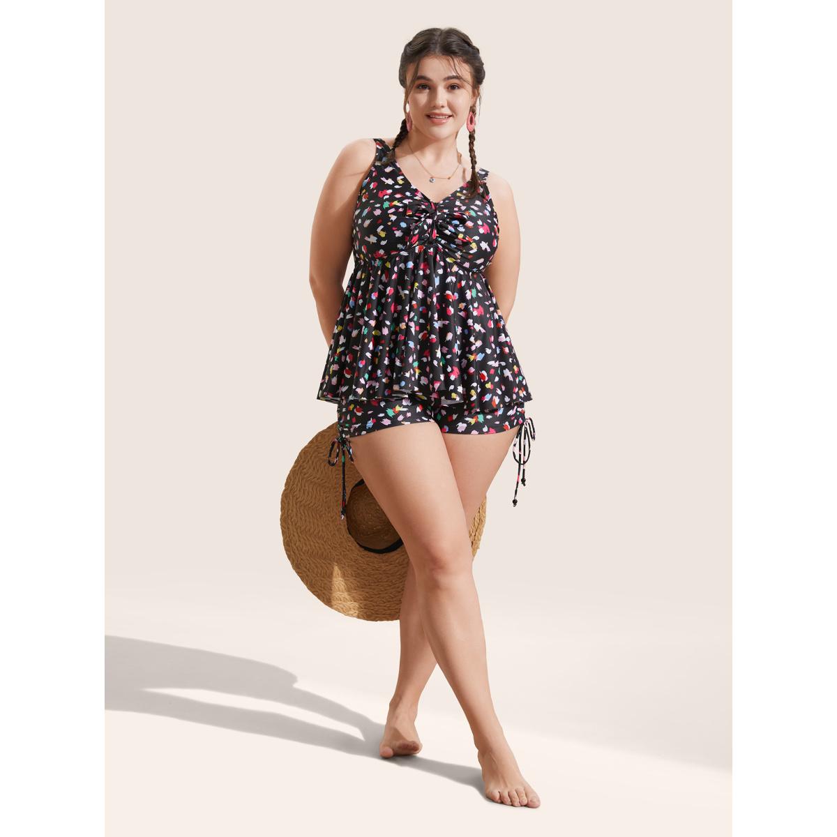 Plus Size Allover Print Drawstring Skinny Swim Bottom Women's Swimwear Black Beach Drawstring High stretch Skinny High Rise Curve Swim Bottoms BloomChic 18-20/2X Product Image