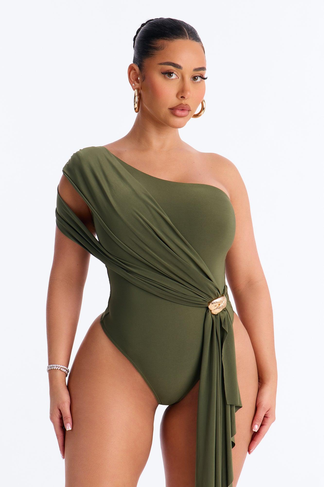 Roma Muse One Shoulder Draped Bodysuit - Olive Female Product Image