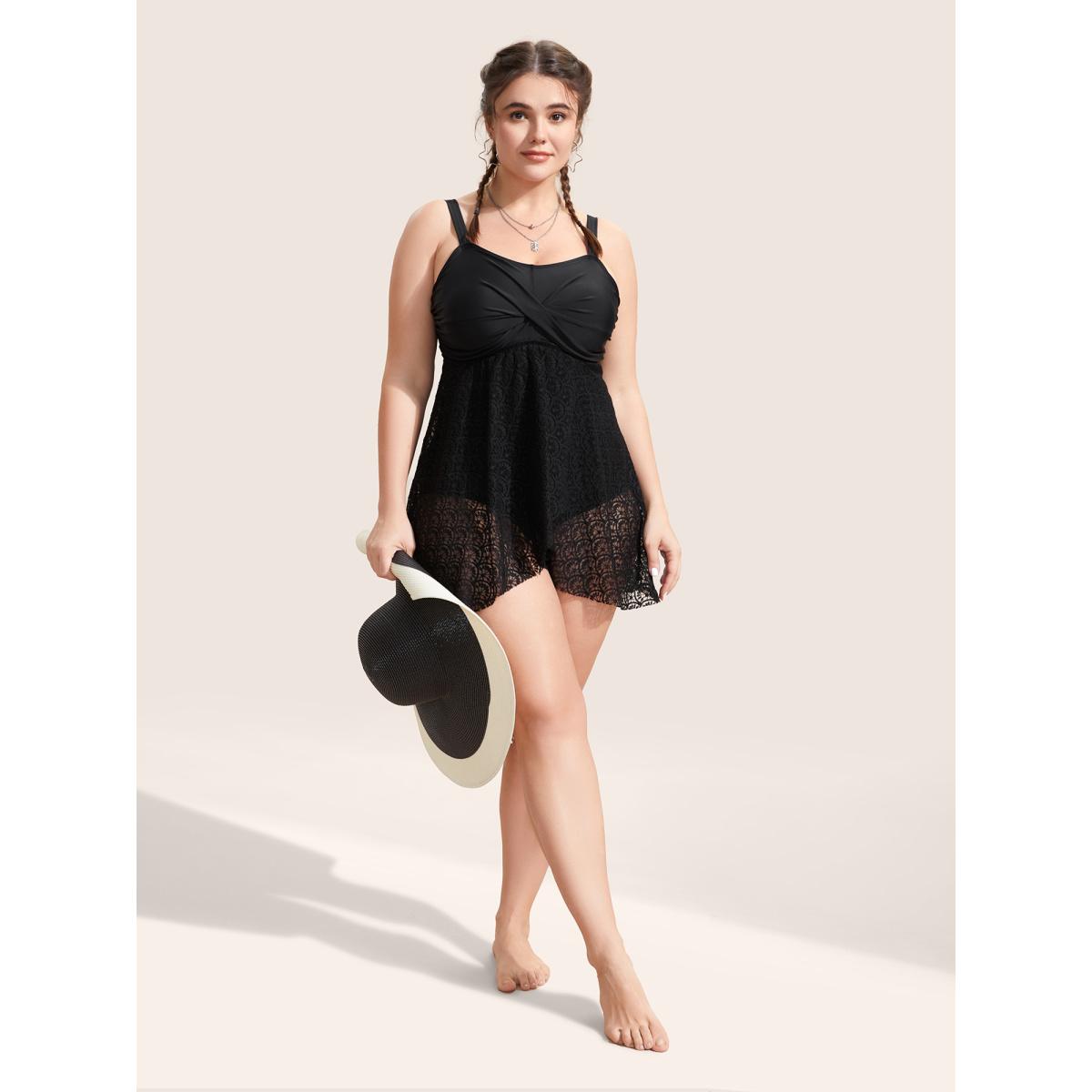 Plus Size Crochet Lace Mesh Twist Swim Dress Women's Swimwear Black Beach Bodycon Heart neckline High stretch Curve Swim Dresses BloomChic 10/M Product Image