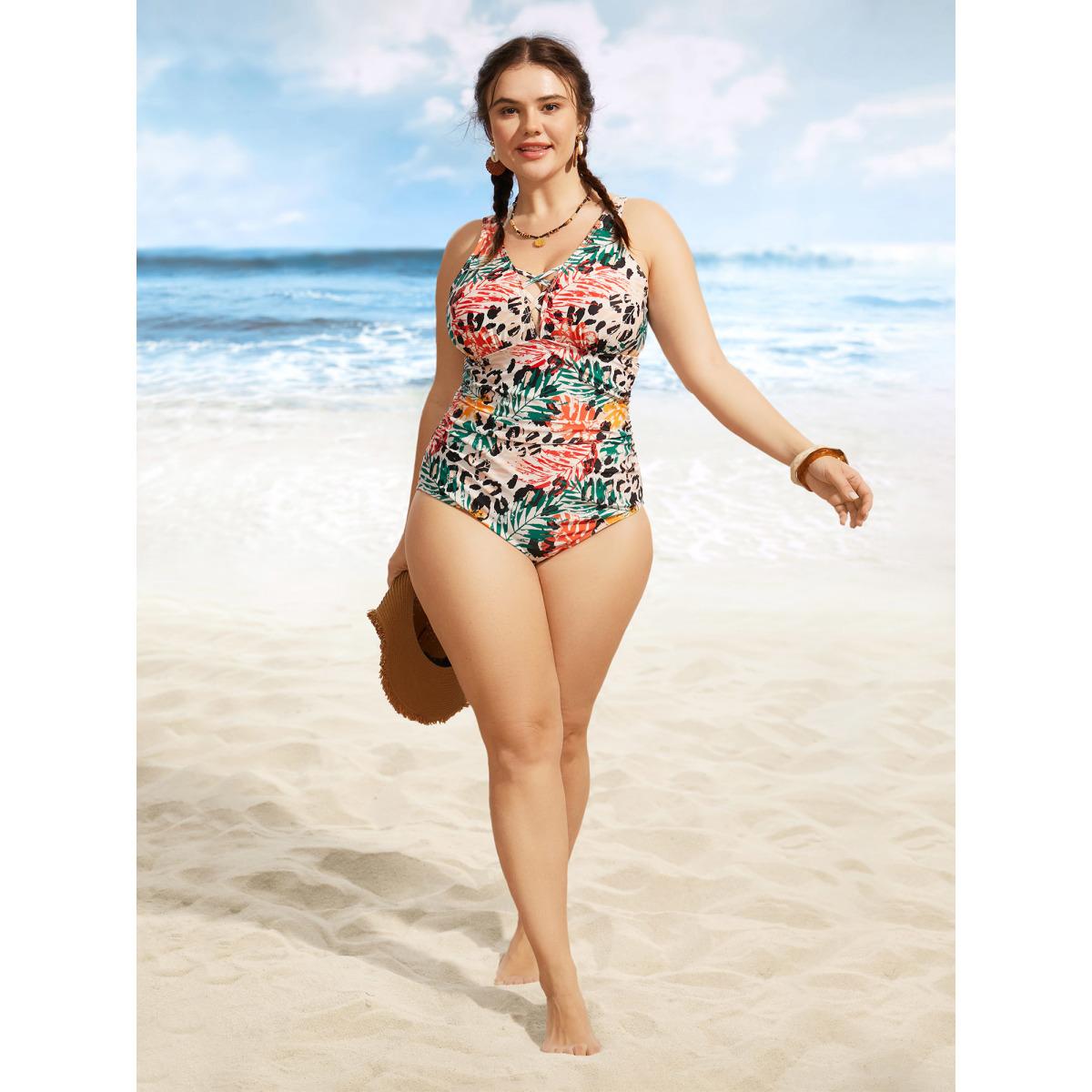 Plus Size Tropical Print Crisscross Keyhole One Piece Swimsuit Women's Swimwear Multicolor Beach Gathered Curve Bathing Suits High stretch One Pieces BloomChic 12/L Product Image
