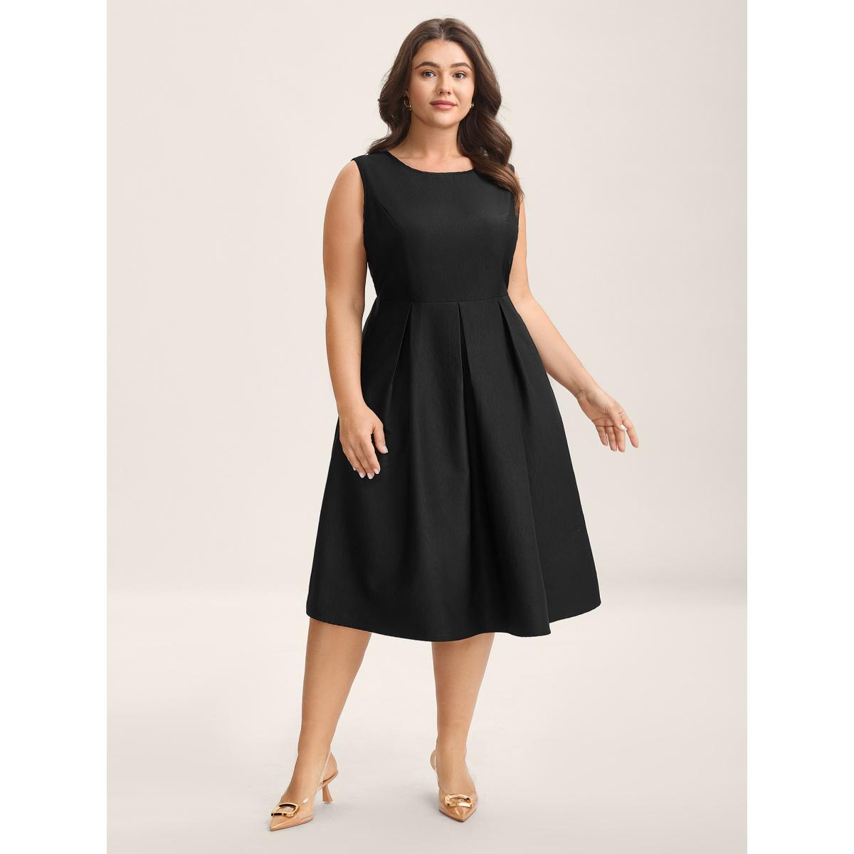 Plus Size Classic Woven Inner Pleated Midi Dress Black Women Office Round Neck Sleeveless Curvy BloomChic 14-16/1X Product Image