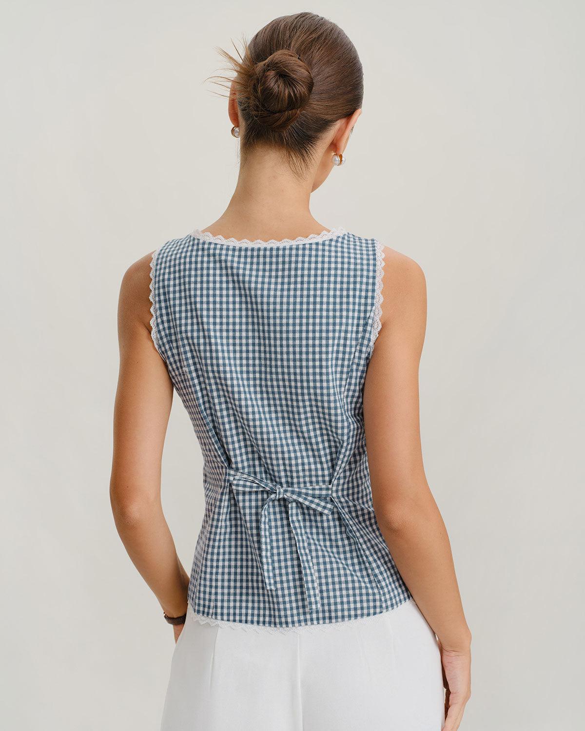 Blue Plaid Boat Neck Tank Top Product Image