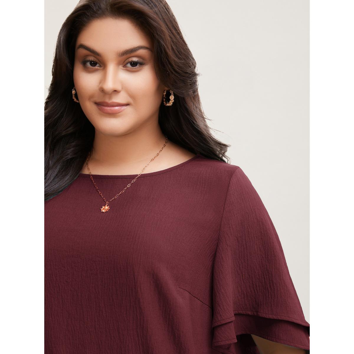 Plus Size Burgundy Solid Tiered Ruffles Split Hem Blouse Women Elegant Half Sleeve Boat Neck Everyday Blouses BloomChic 14-16/1X Product Image