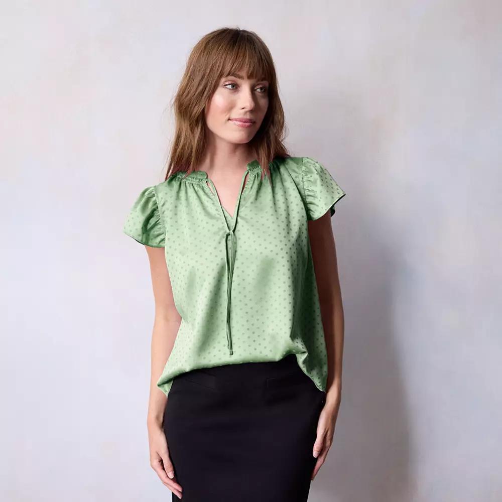 Petite LC Lauren Conrad Tie-Front Ruffle V-Neck Shell, Women's, Size: Small Petite, Valor Green Product Image